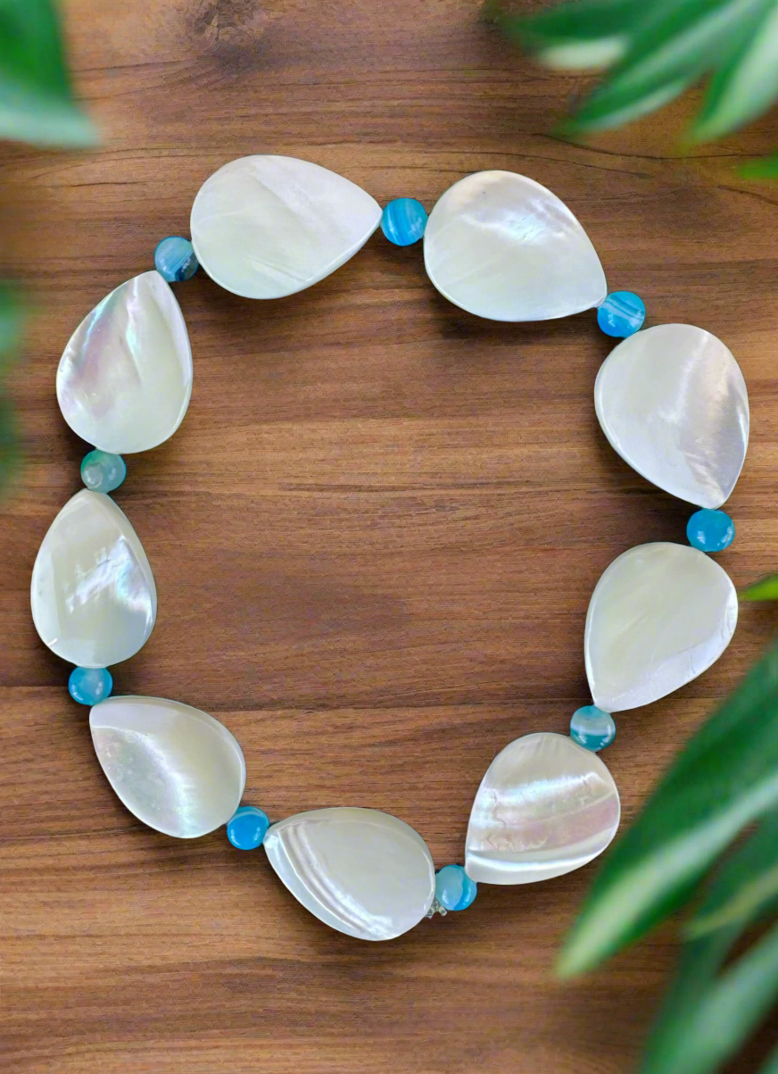 White Mother of Pearl Teardrop and Striped Blue Agate Bracelet