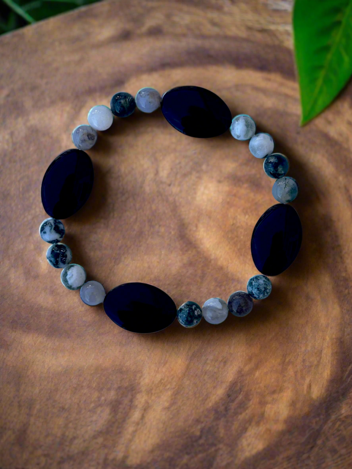 Fancy Jasper and Black Oval Glass Bead Bracelet
