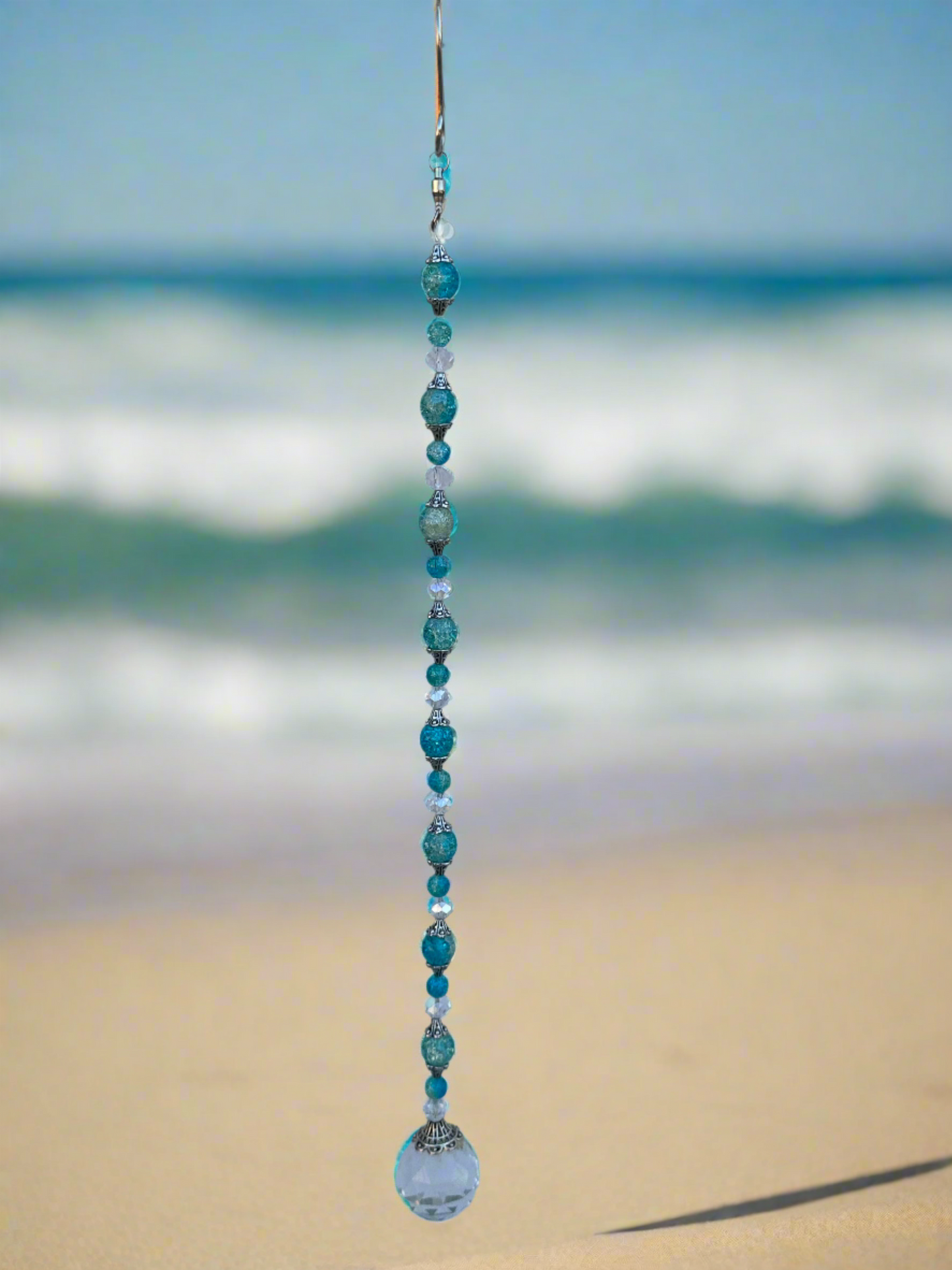 Blue Crackle Glass Suncatcher With Silver Accents