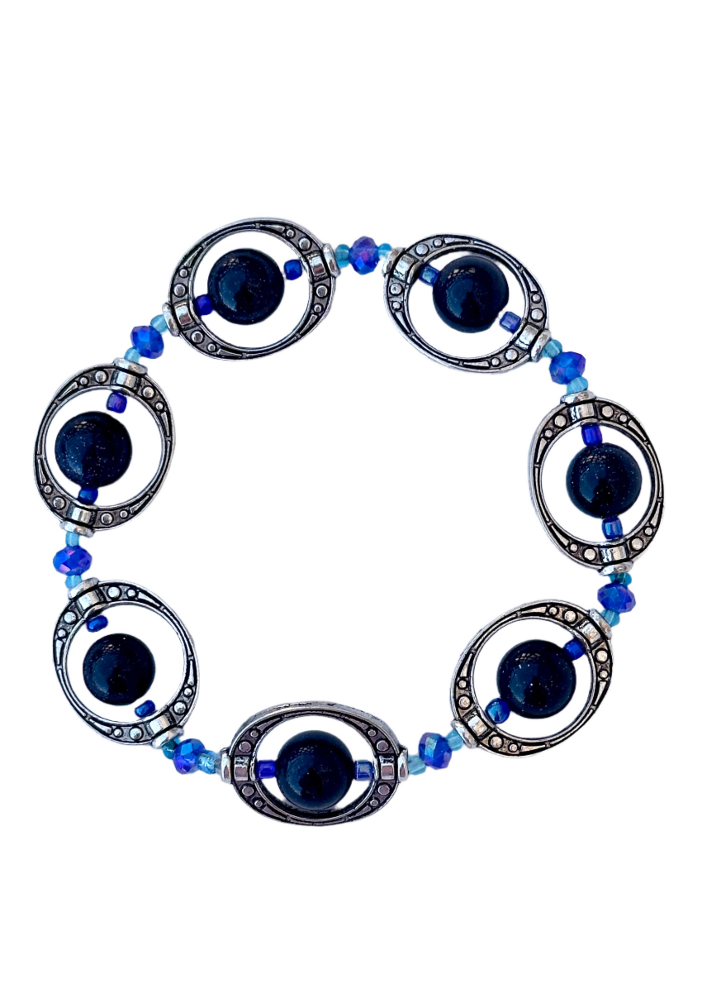 Blue Sandstone, Blue Crystal and Silver Frame Bead Bracelet