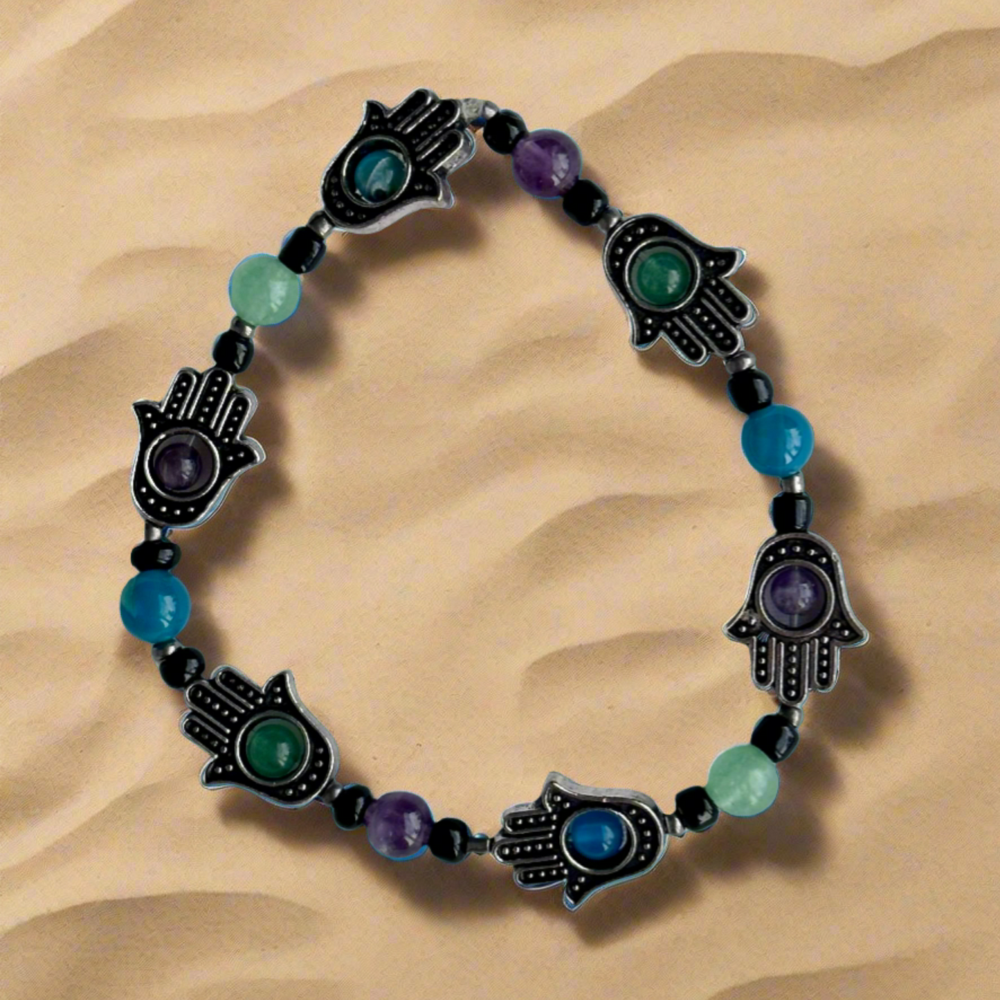 Hamsa Hand and Multi-Stone Bead Bracelet