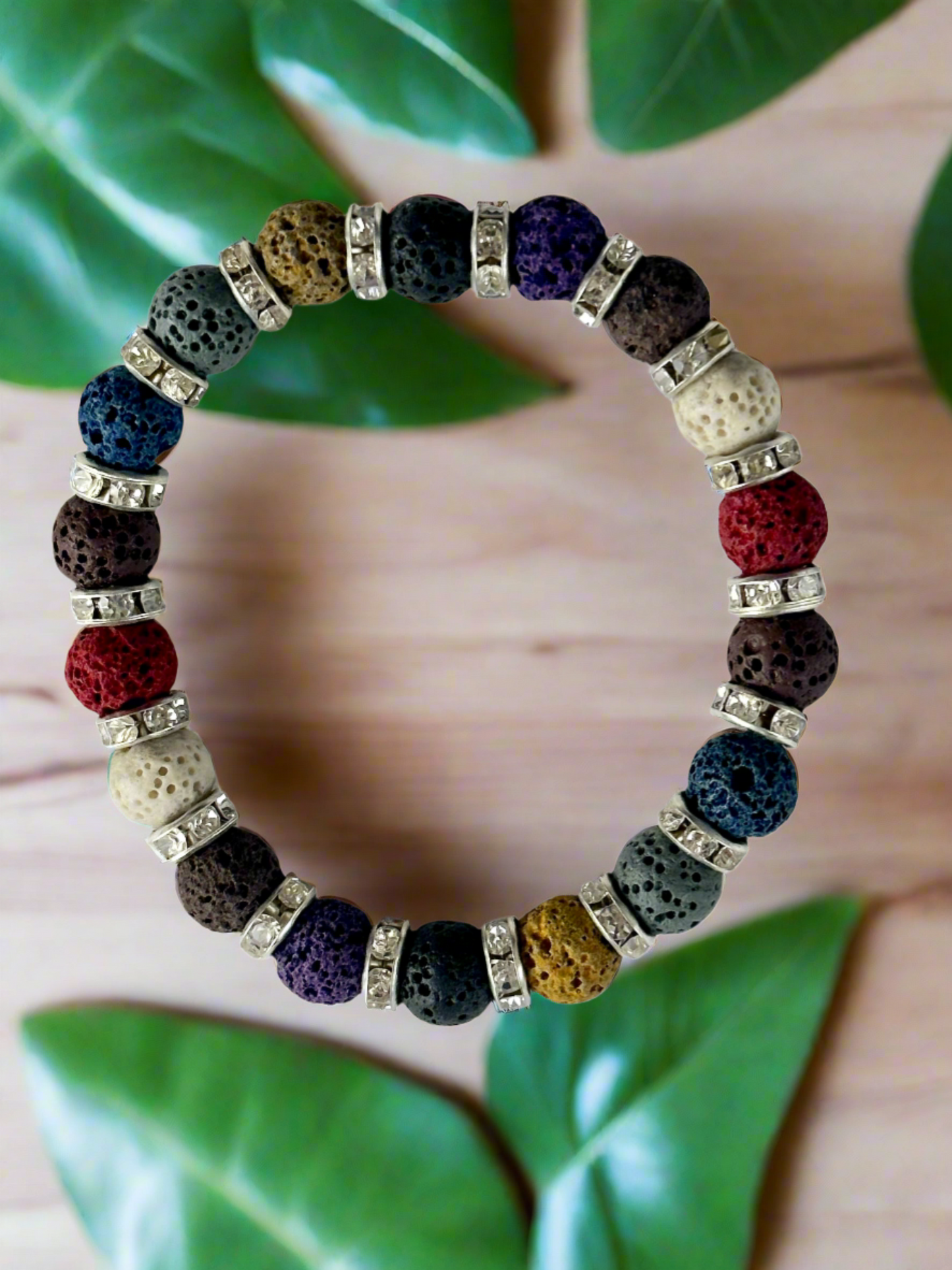 Multi-Color Lava Stone with Gold Rhinestone Accents Bracelet