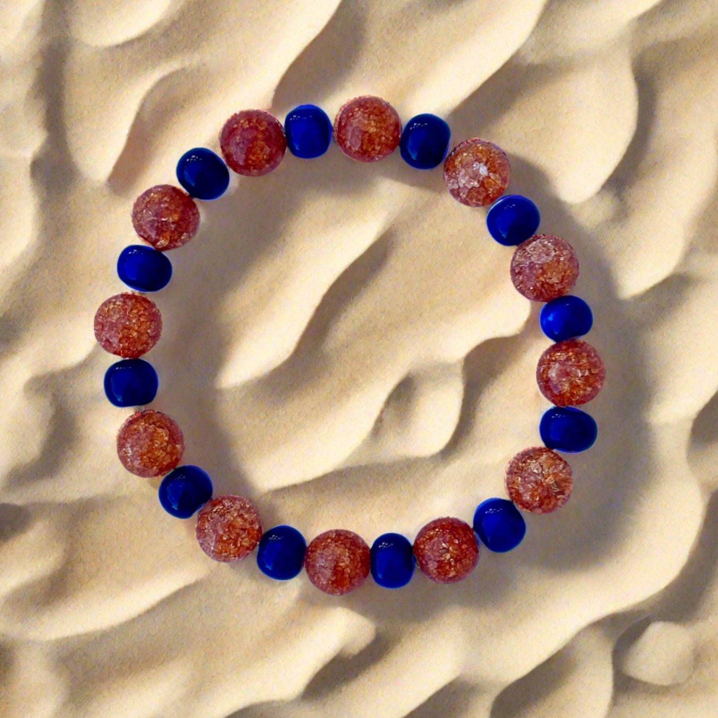 Orange Crackle Quartz and Blue Ceramic Bead Bracelet