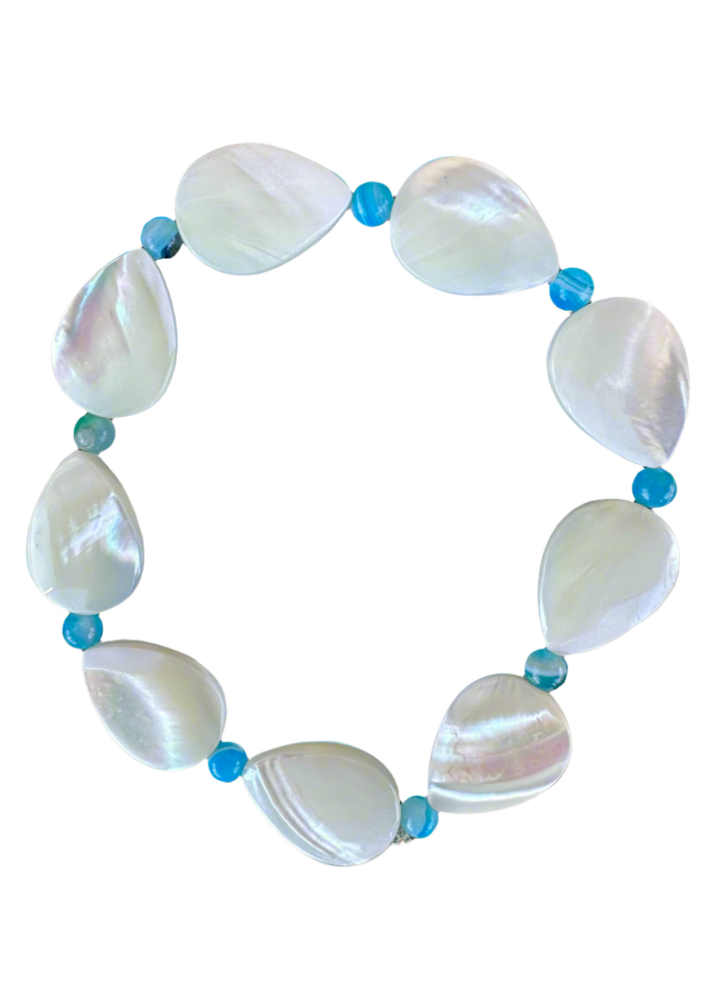 White Mother of Pearl Teardrop and Striped Blue Agate Bracelet