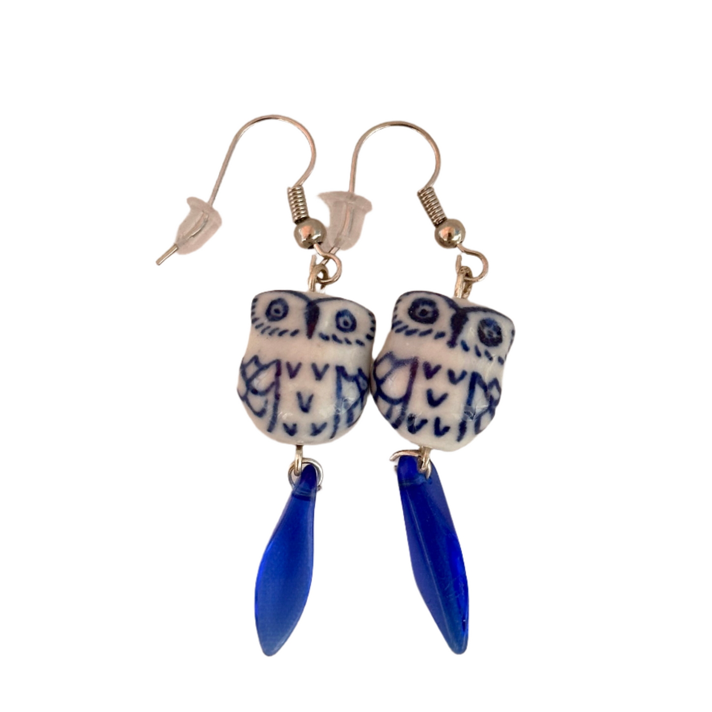 Blue & White Ceramic Owl Earrings