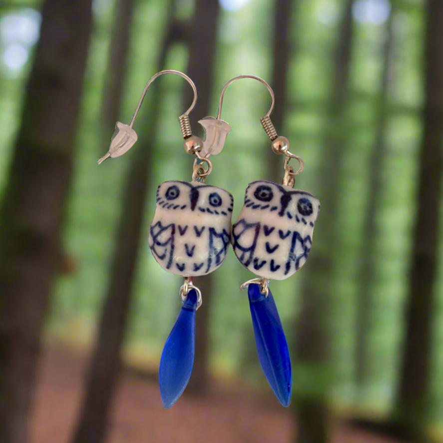 Blue & White Ceramic Owl Earrings