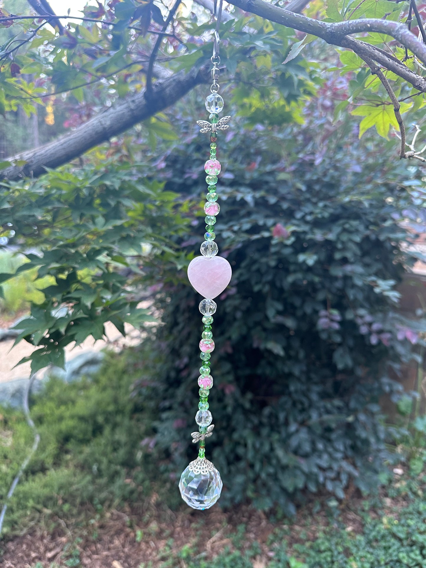 Green Crystal Glass Suncatcher with Natural Stone Rose Quartz Heart