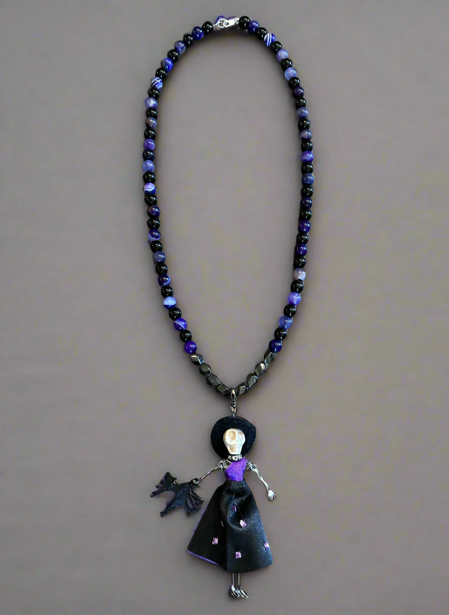 Black Jasper and Purple Agate Natural Stone Halloween-Themed Necklace
