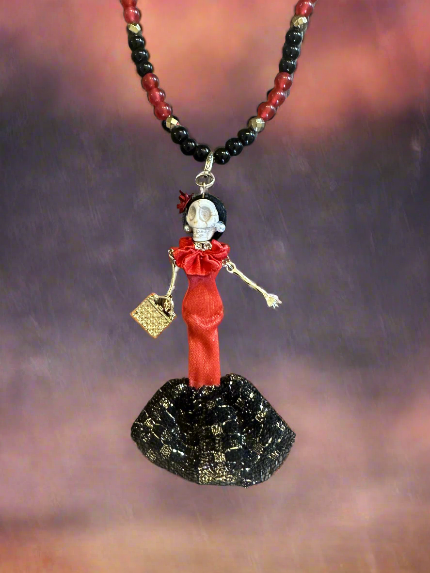 Black Jasper, Red Quartzite and Gold Hematite Dia de los Muertos-Themed Necklace