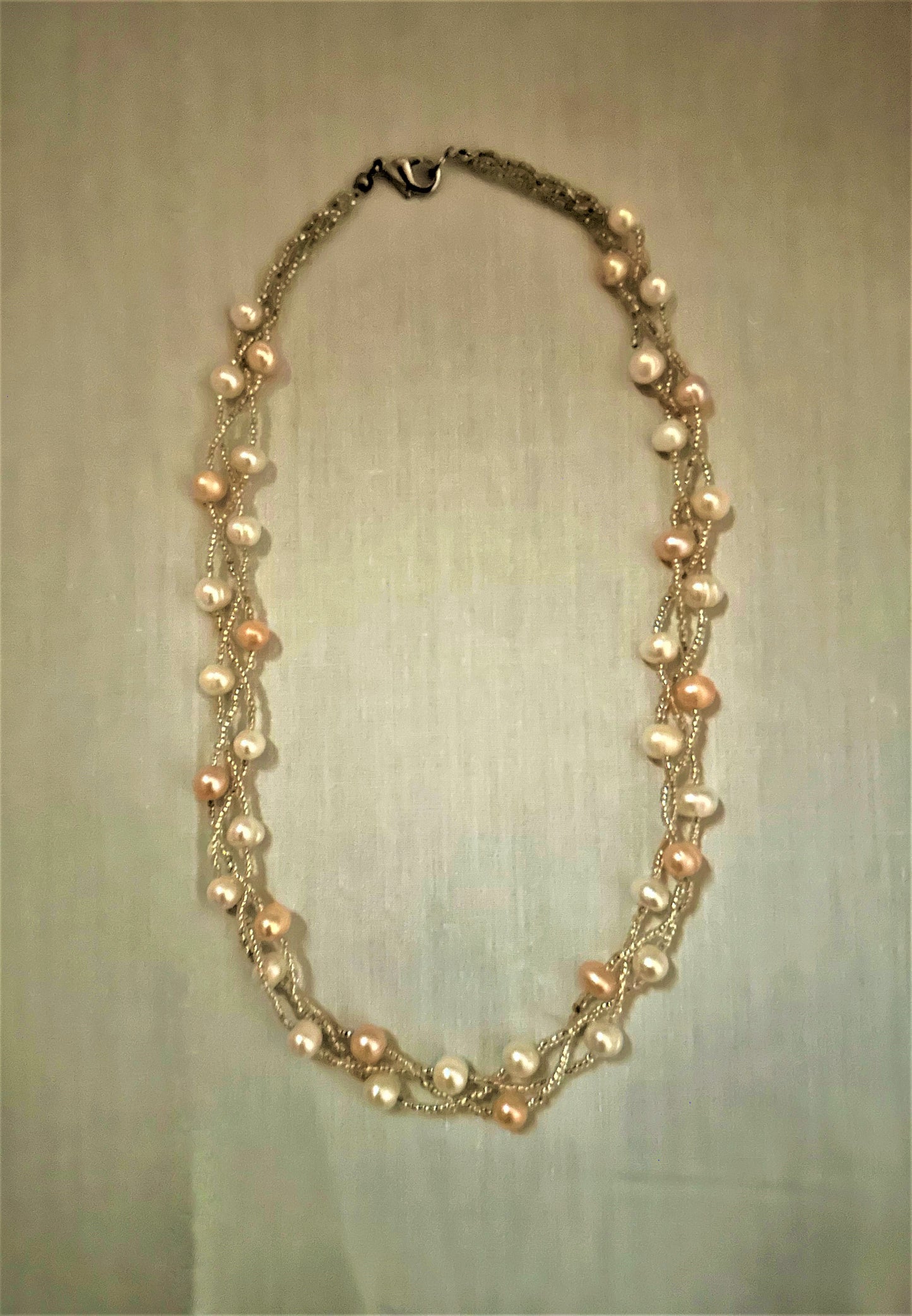 Woven White and Pink Glass Pearl Necklace