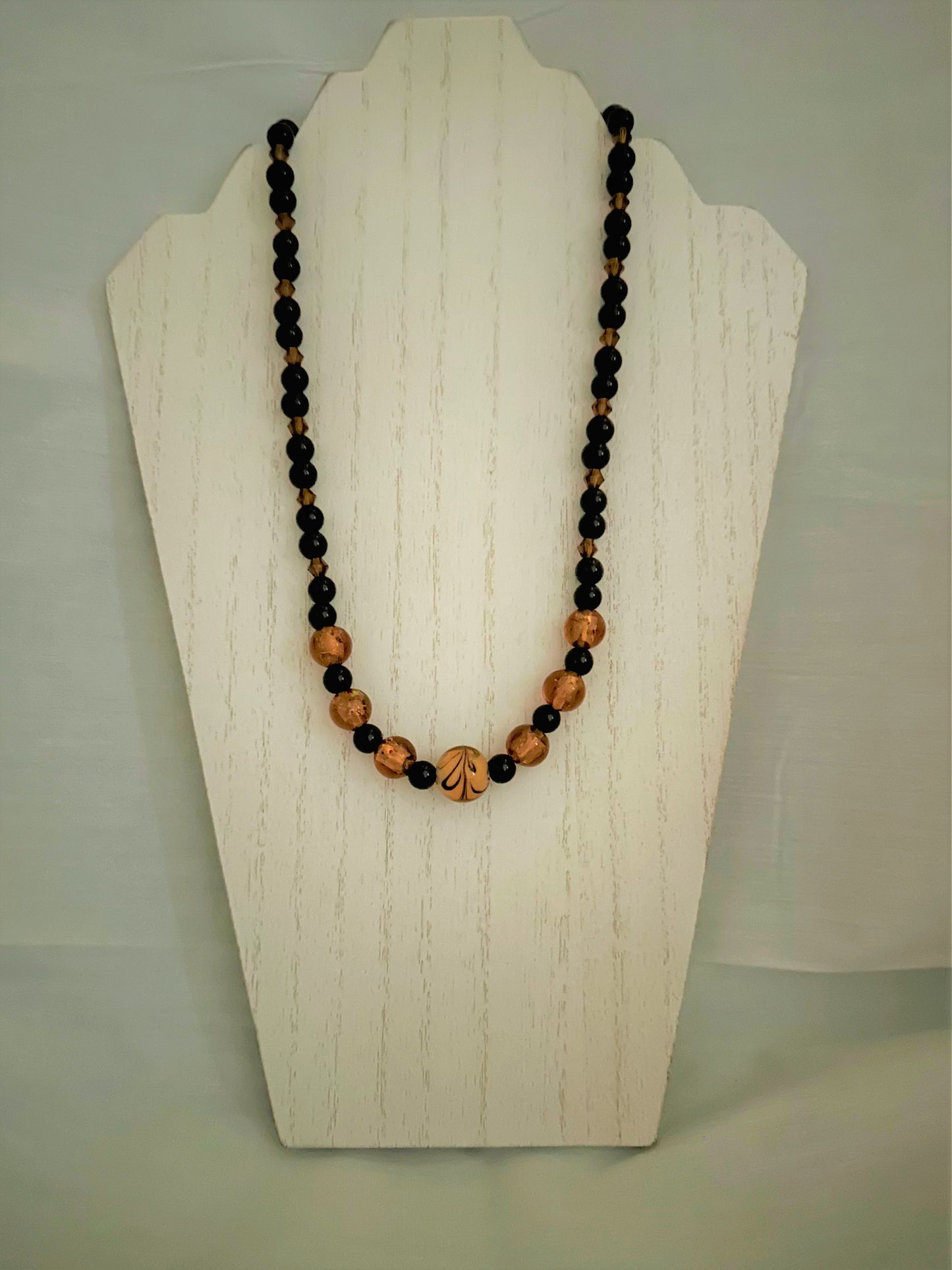 Amber Lampwork Glass and Black Natural Stone Jasper Beaded Necklace
