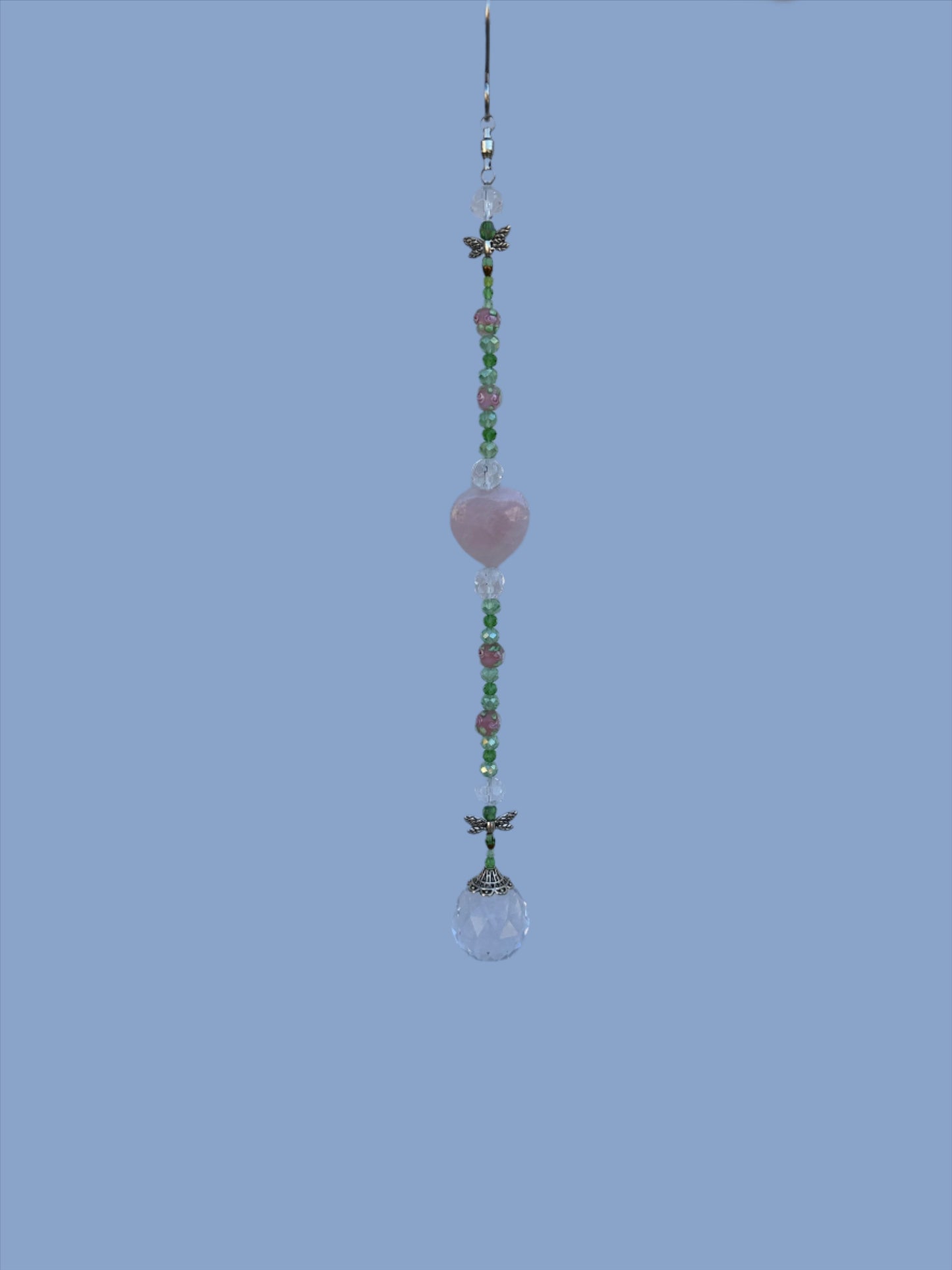 Green Crystal Glass Suncatcher with Natural Stone Rose Quartz Heart