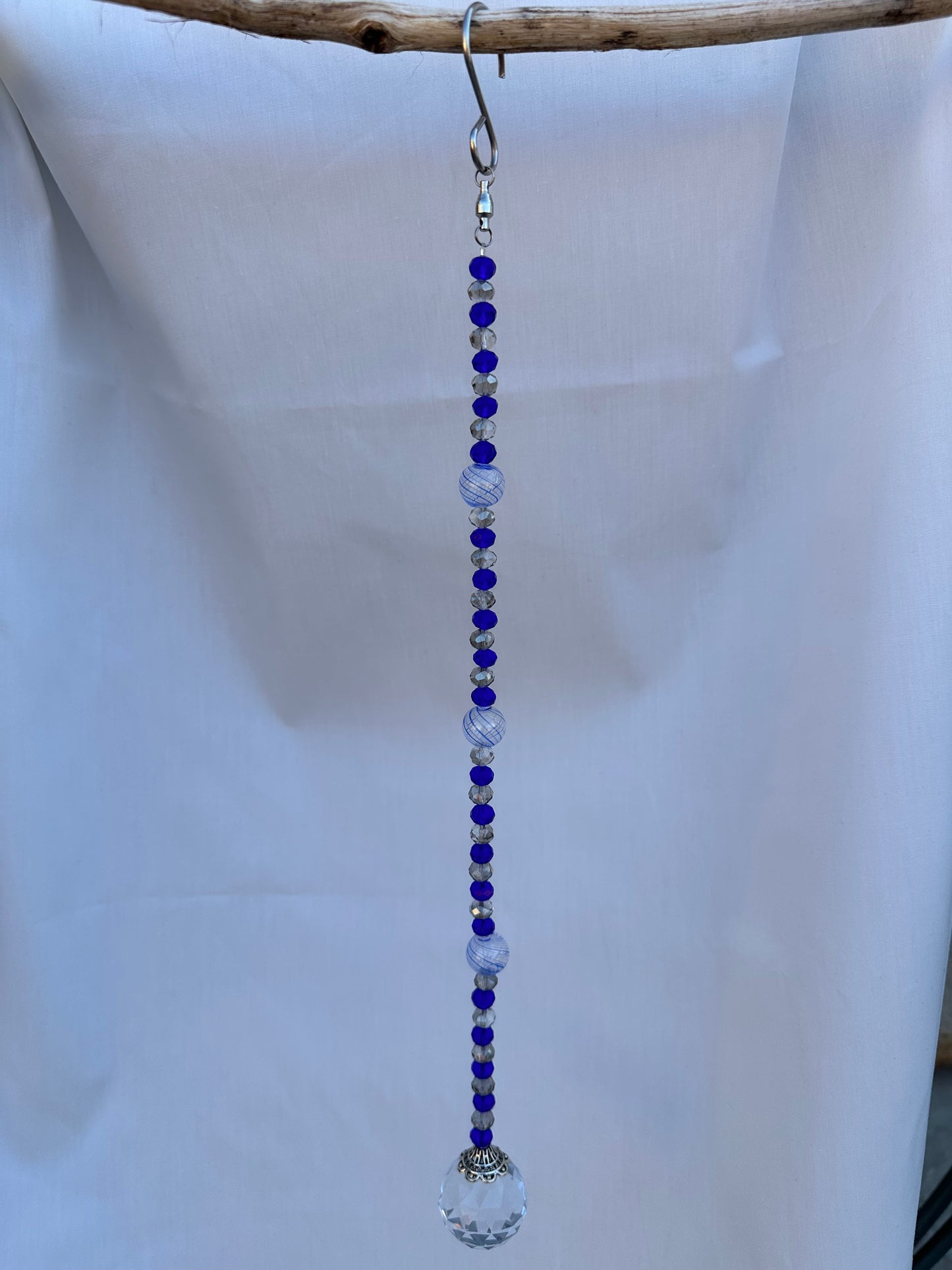 Dark Blue and Gray Glass Crystal with Lampwork Glass Accents Suncatcher