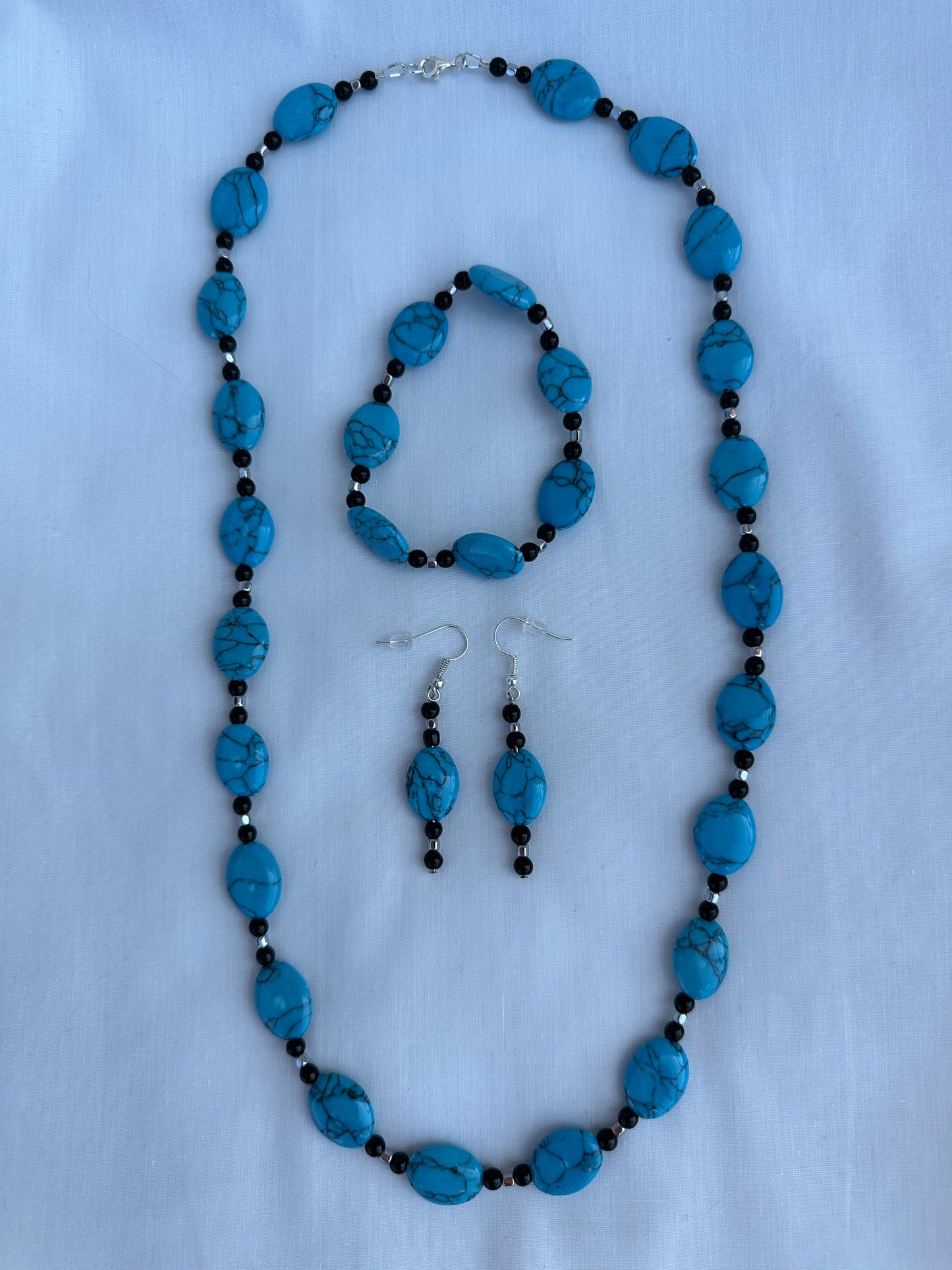 Natural Stone Black Jasper, Turquoise/Black Colored Oval Beaded Necklace, Bracelet and Earrings Set