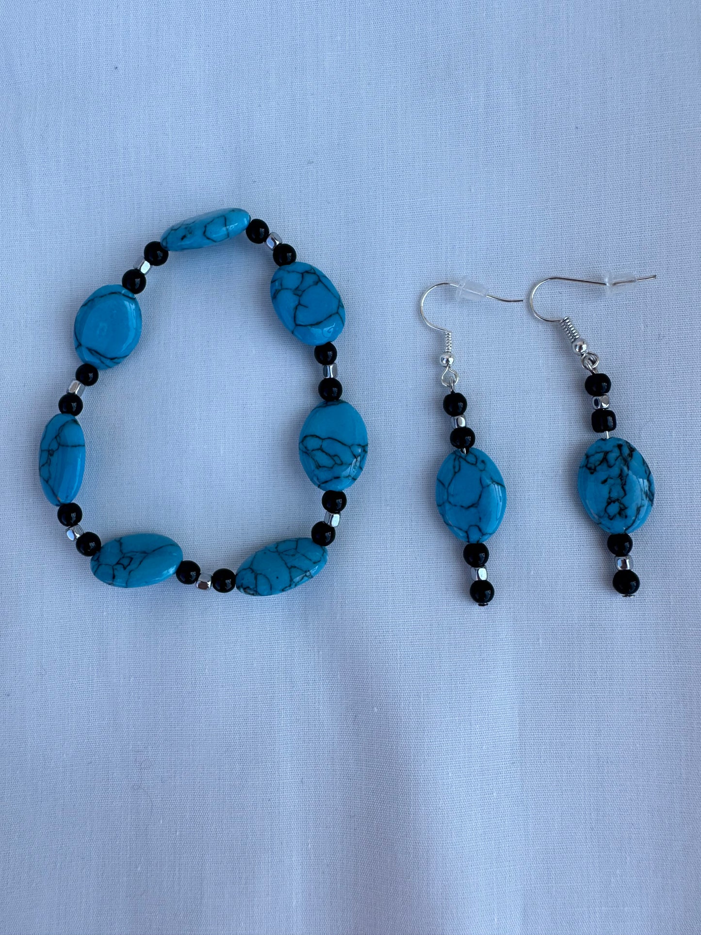 Natural Stone Black Jasper, Turquoise/Black Colored Oval Beaded Necklace, Bracelet and Earrings Set