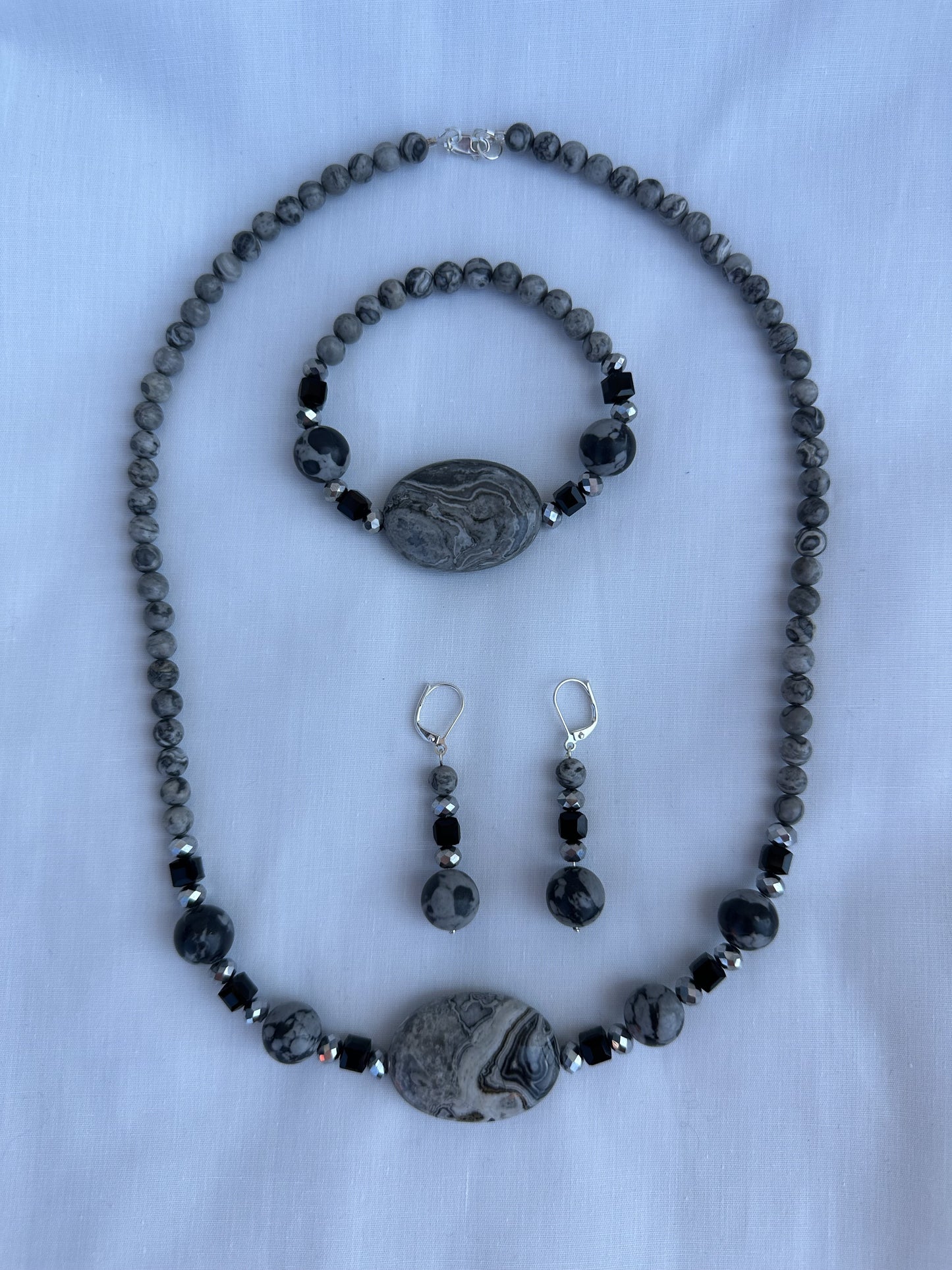 Gray Picasso Jasper Natural Stone Bead Necklace with Matching Bracelet and Earrings Set