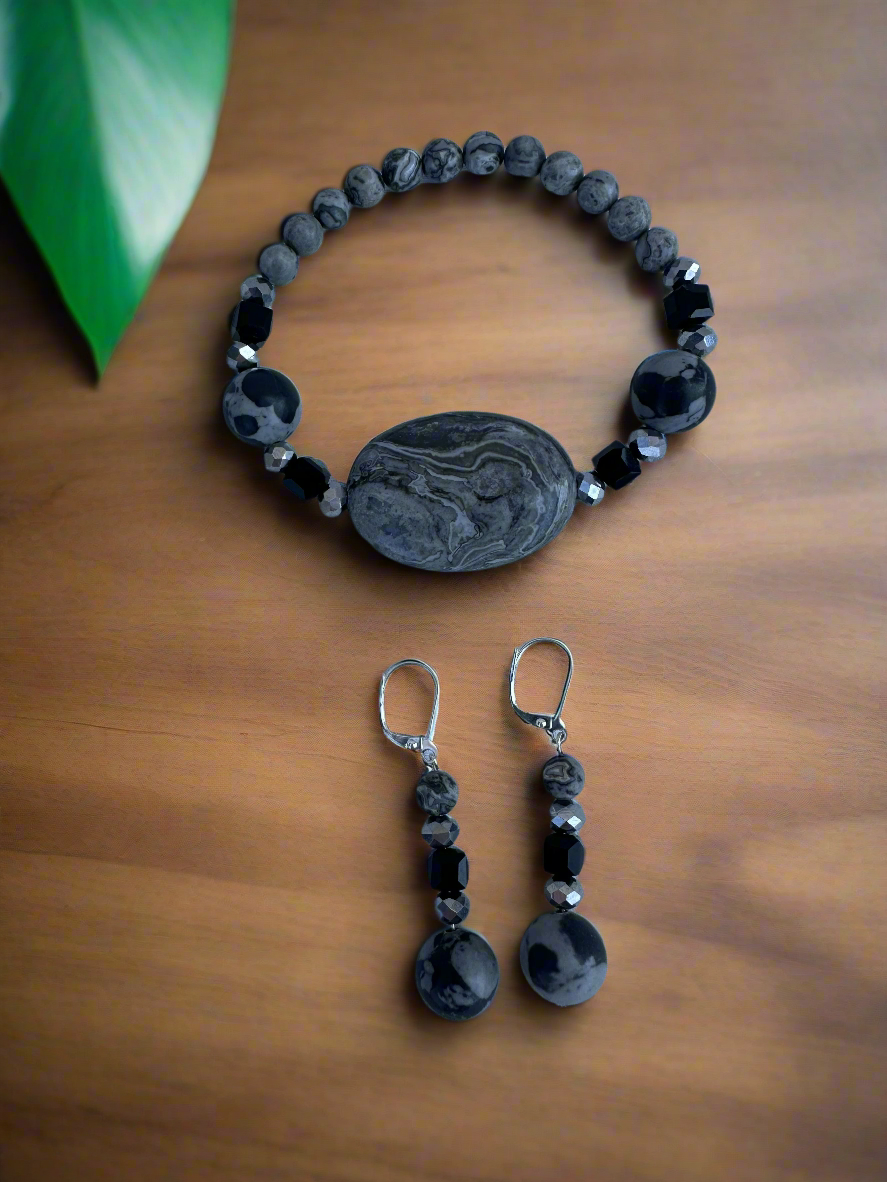 Gray Picasso Jasper Natural Stone Bead Necklace with Matching Bracelet and Earrings Set