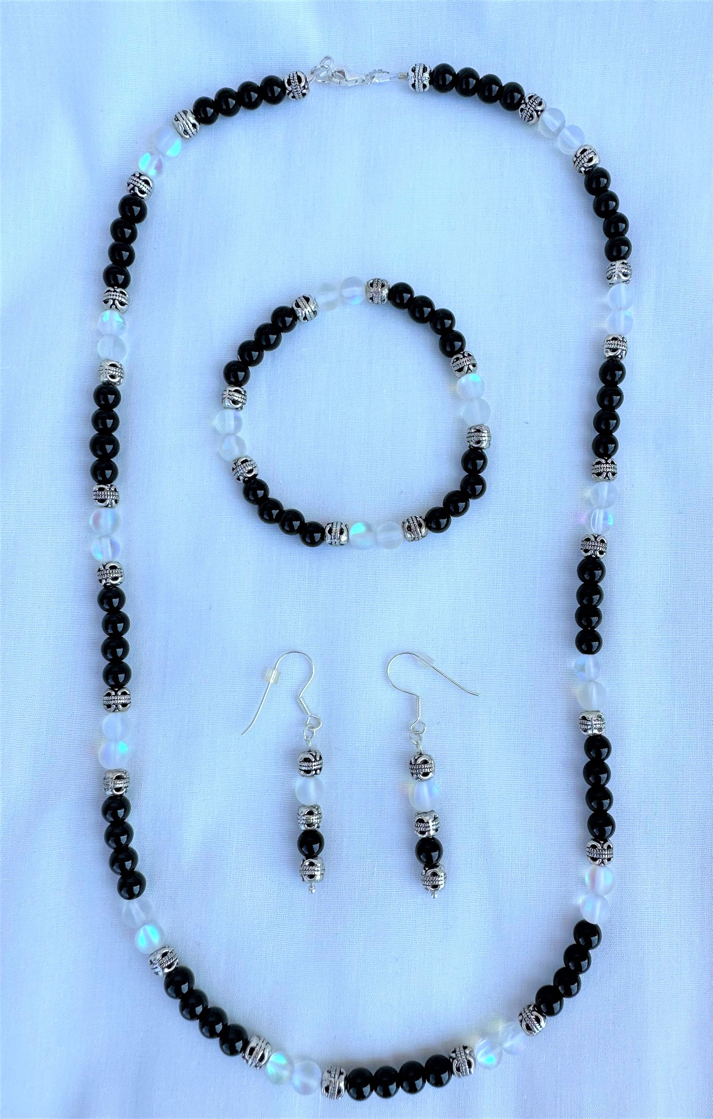 Black Jasper, White Opal and Silver Bead Jewelry Set