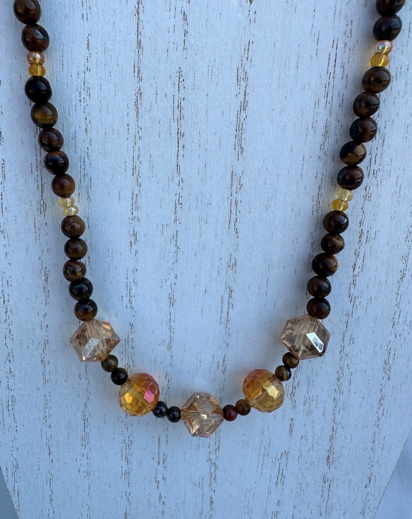 Amber Lampwork Glass and Natural Stone Yellow Tiger Eye Necklace
