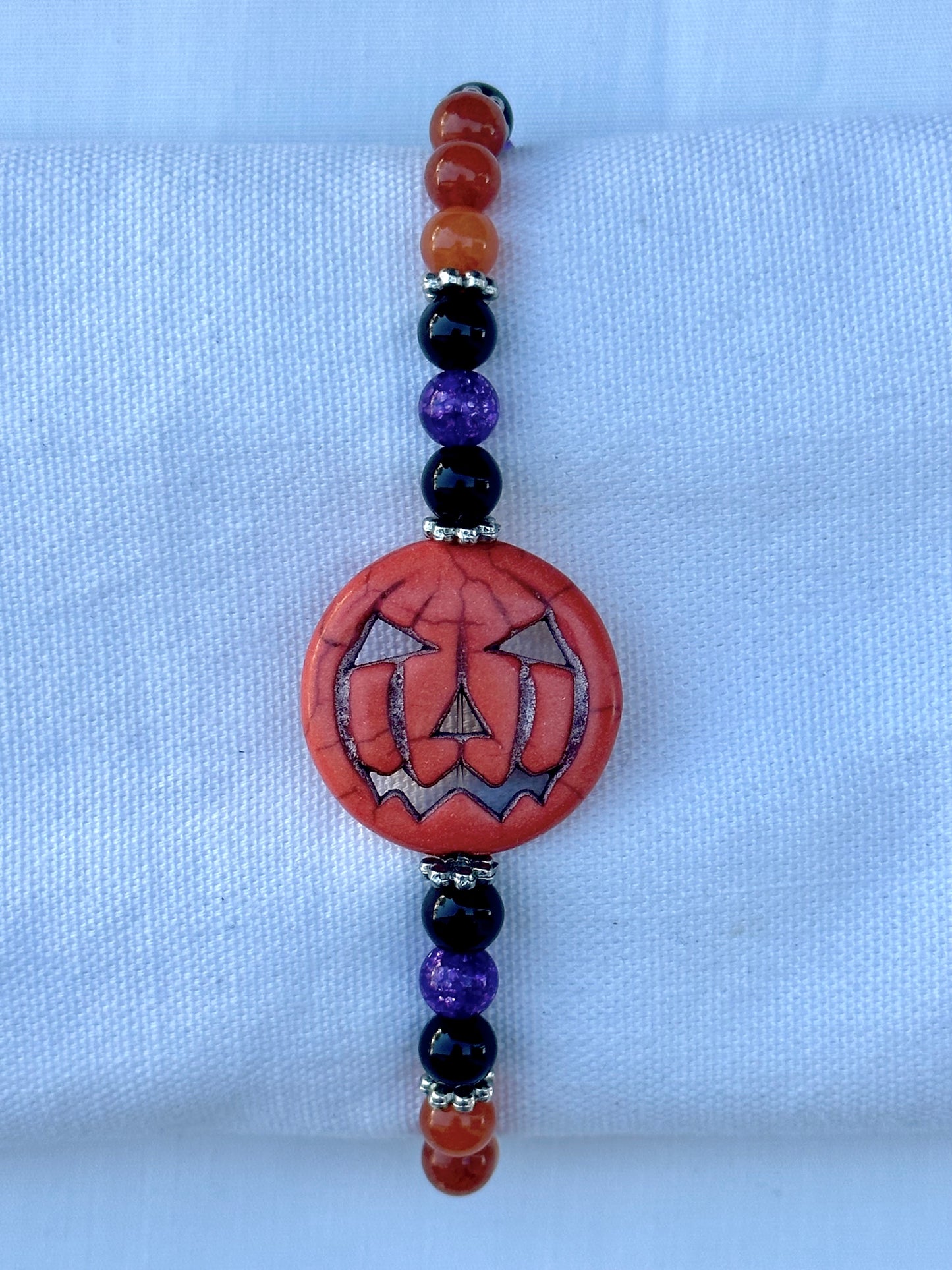 Black, Orange and Purple Bead Bracelet With 25 mm Pumpkin Center Stone