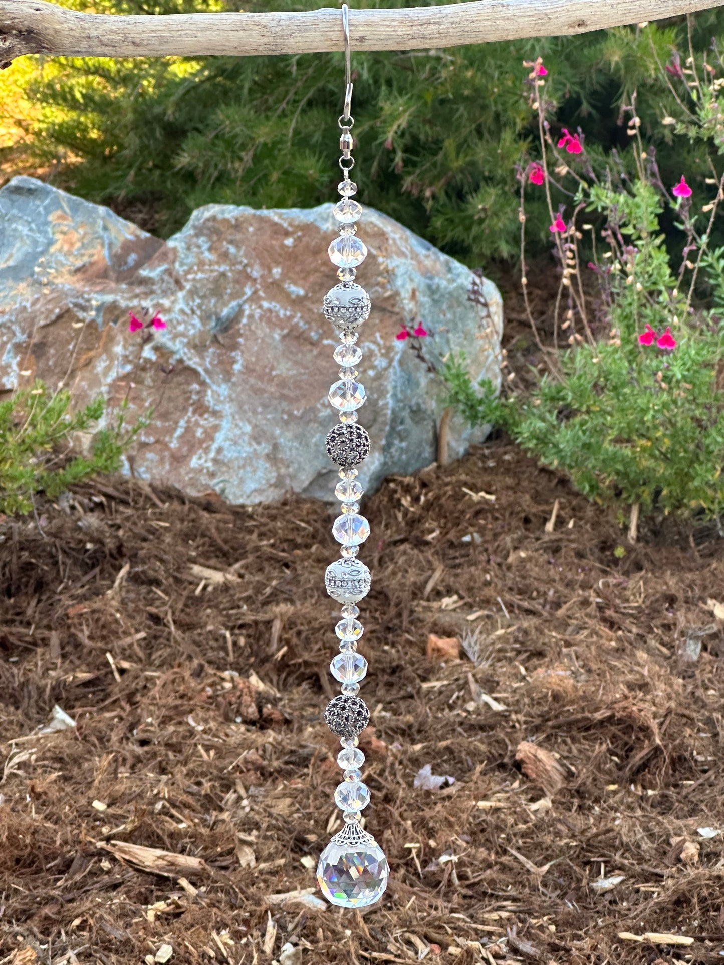 Vintage Shimmer White and Silver Metal Beads with Clear Faceted Glass Crystal Beads