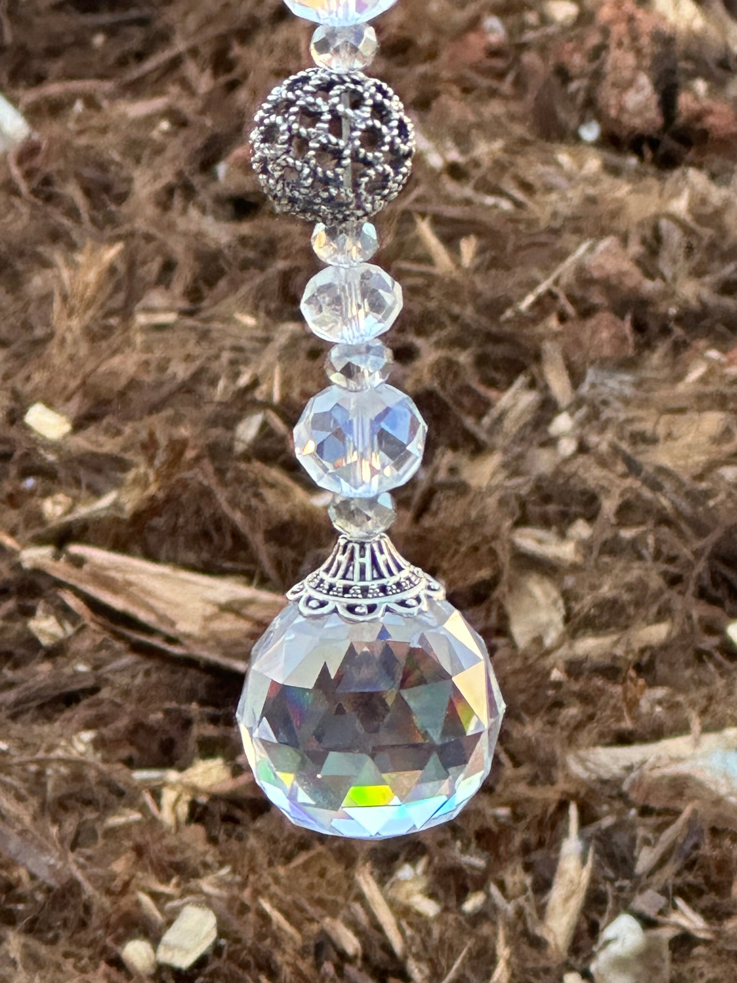 Vintage Shimmer White and Silver Metal Beads with Clear Faceted Glass Crystal Beads