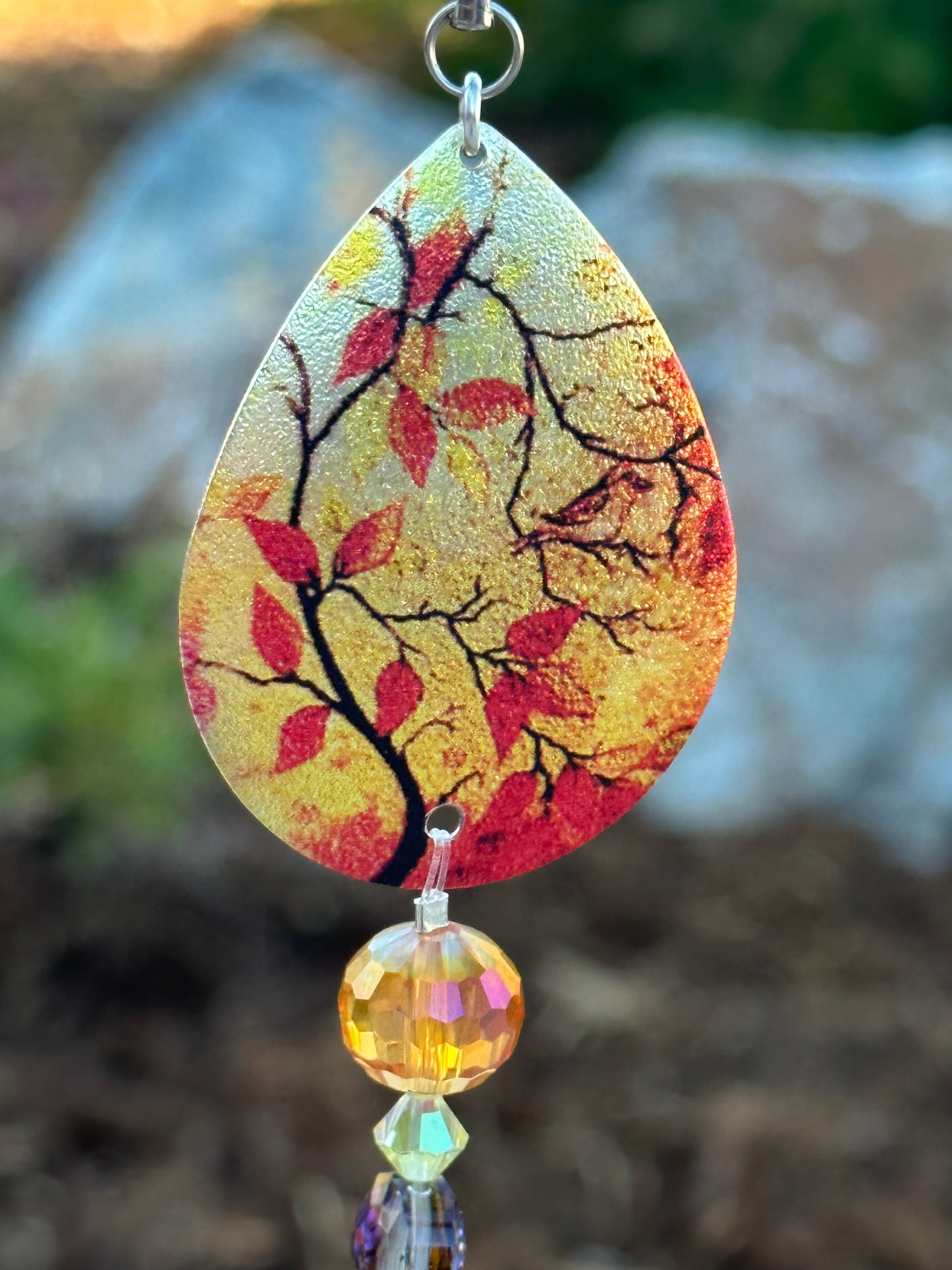 Amber and Glass Lampwork Suncatcher With Teardrop Autumn Topper