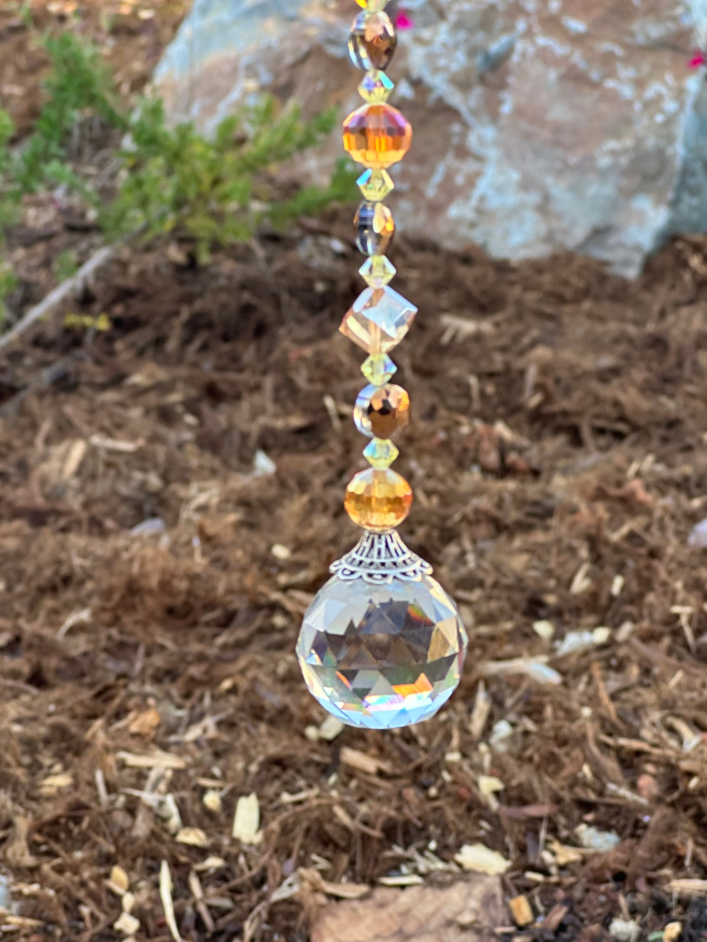 Amber and Glass Lampwork Suncatcher With Teardrop Autumn Topper