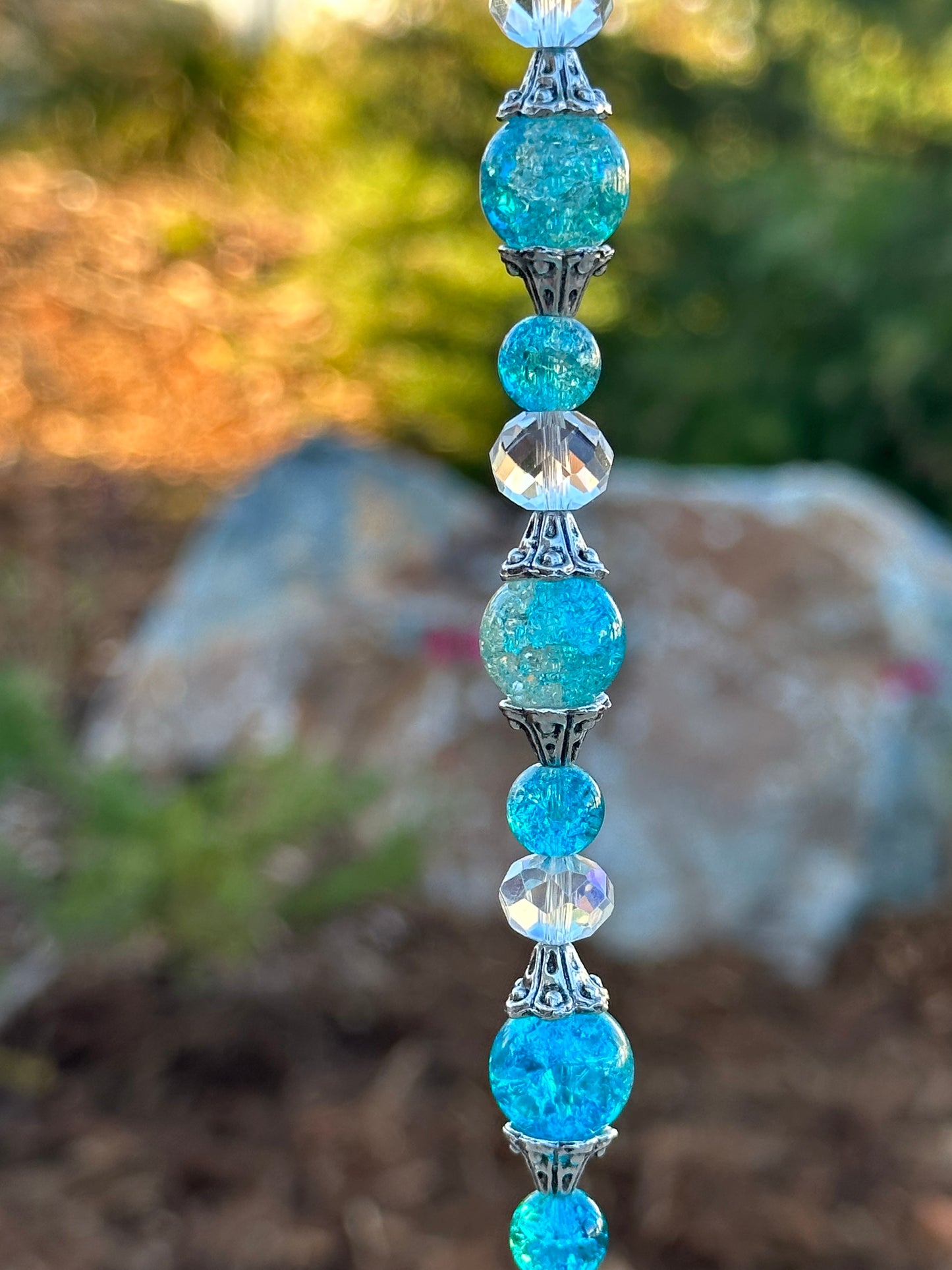 Blue Crackle Glass Suncatcher With Silver Accents