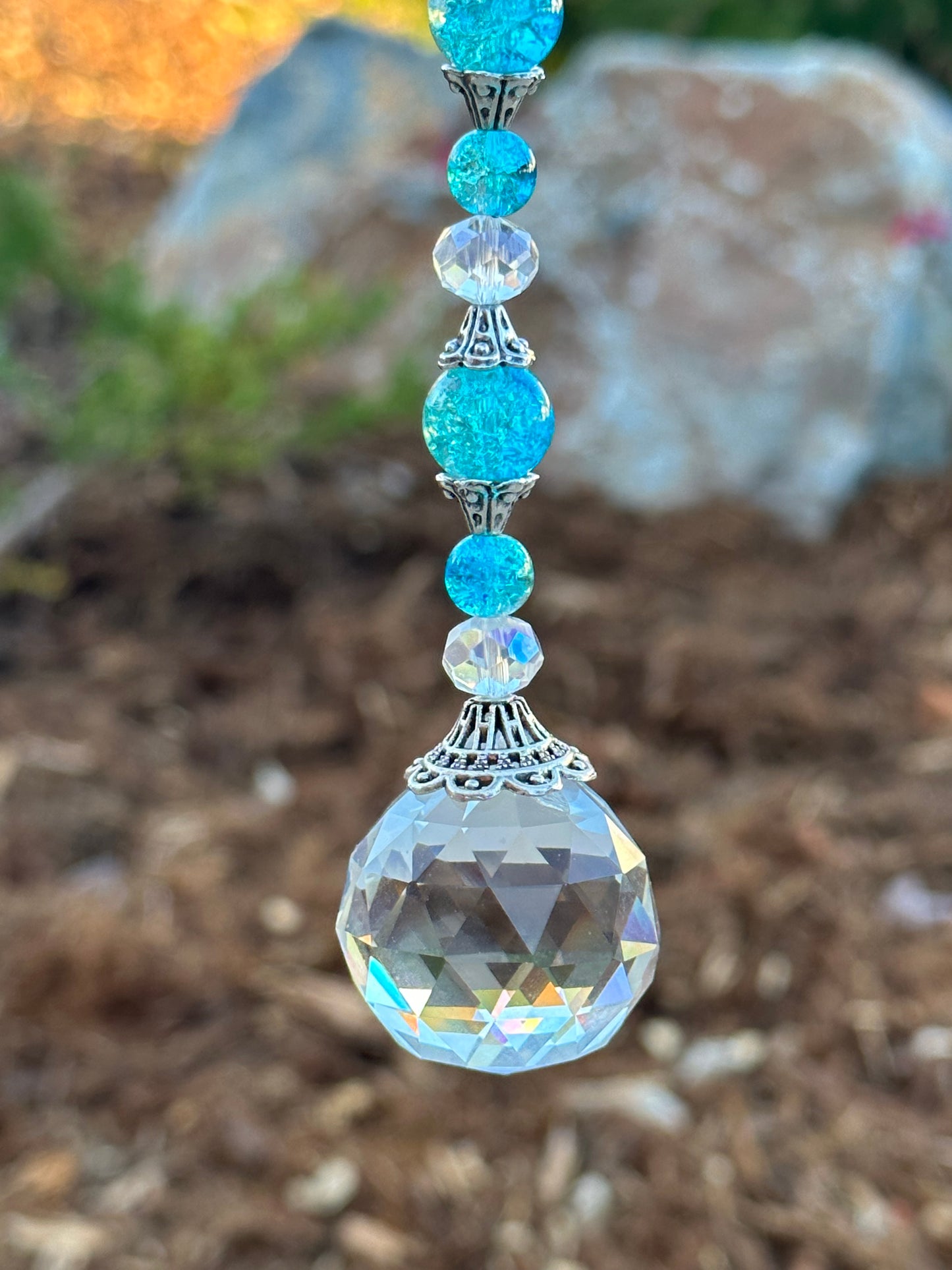 Blue Crackle Glass Suncatcher With Silver Accents