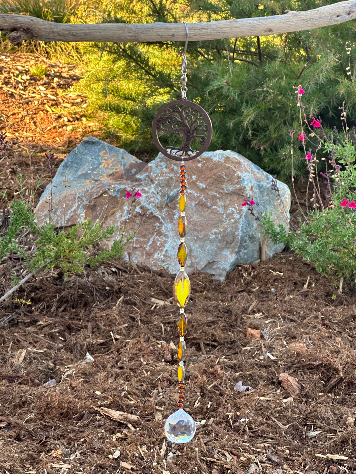 Yellow and Brown Suncatcher with Wood Tree Topper