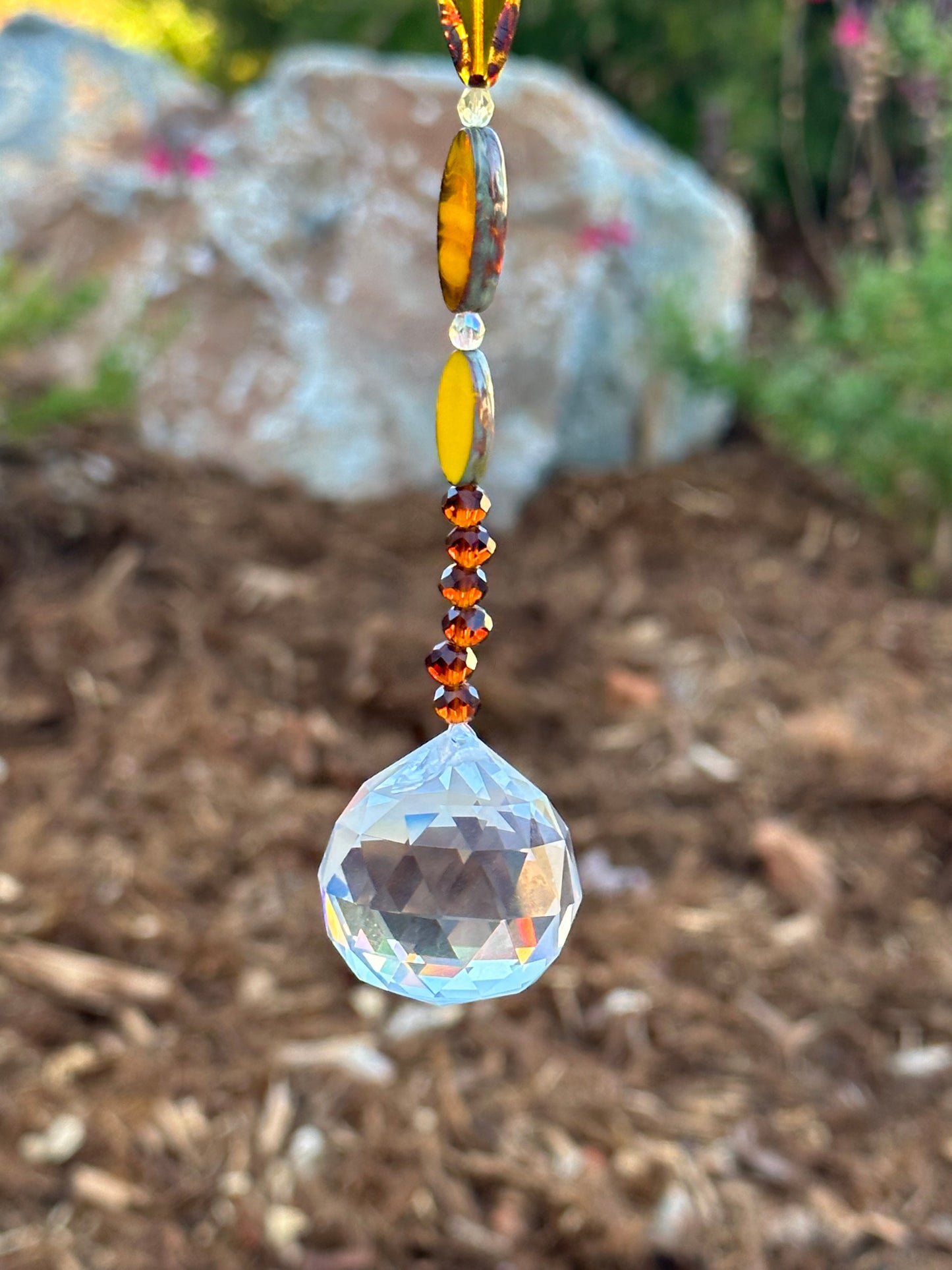 Yellow and Brown Suncatcher with Wood Tree Topper