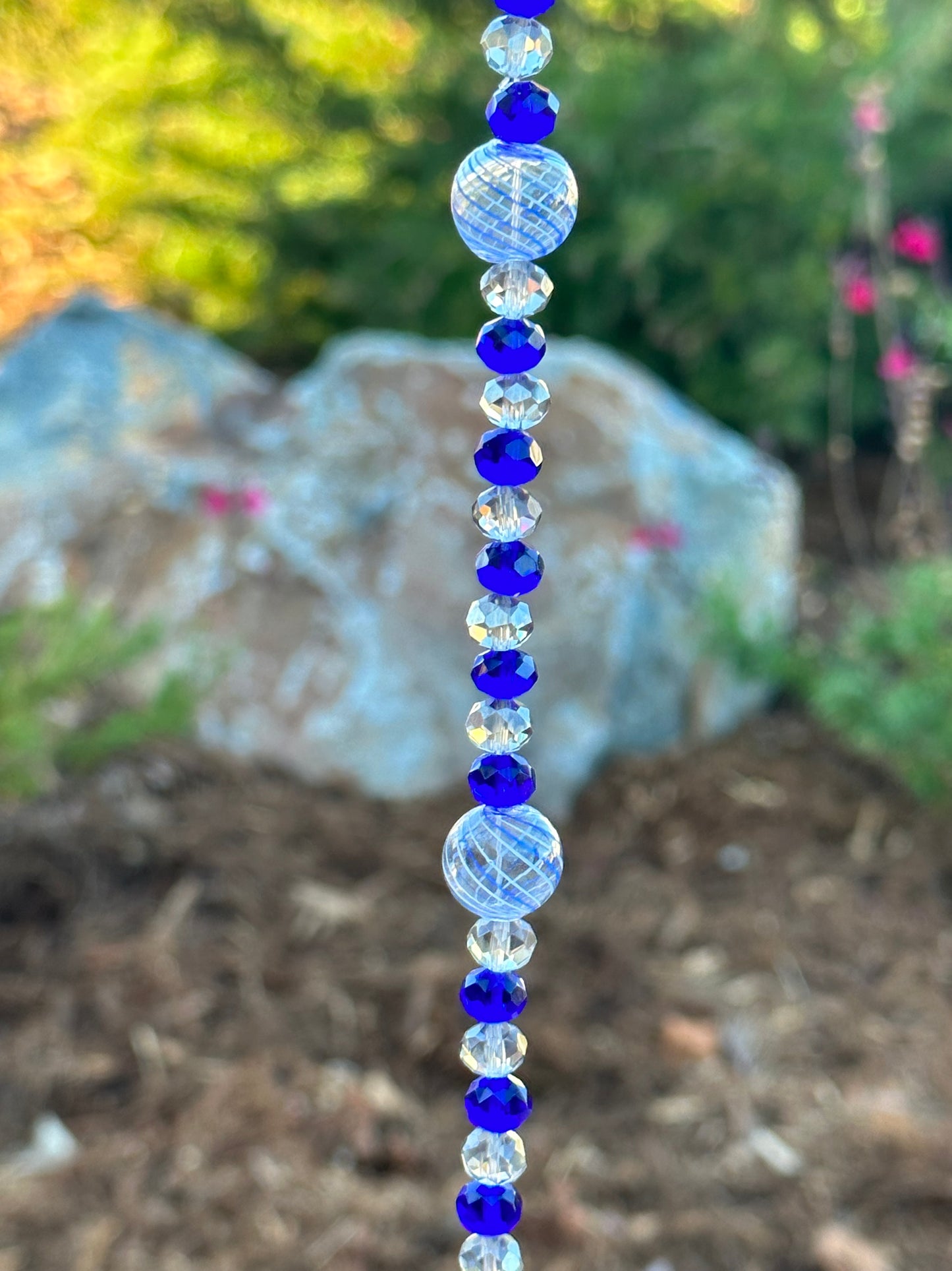 Dark Blue and Gray Glass Crystal with Lampwork Glass Accents Suncatcher