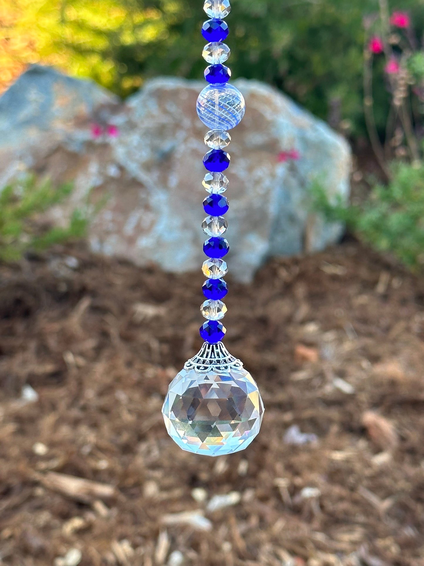 Dark Blue and Gray Glass Crystal with Lampwork Glass Accents Suncatcher