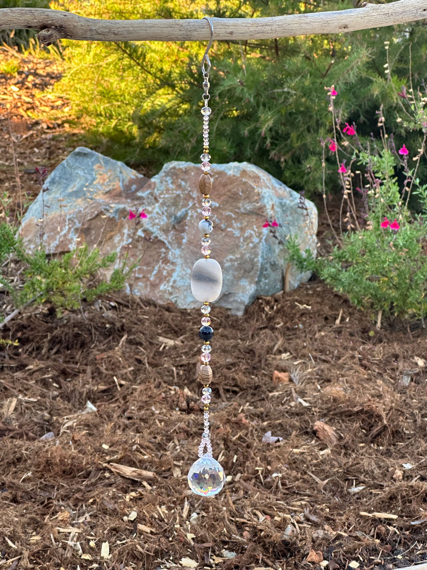 Gray Agate & Crystal Glass Suncatcher with Ceramic Accents