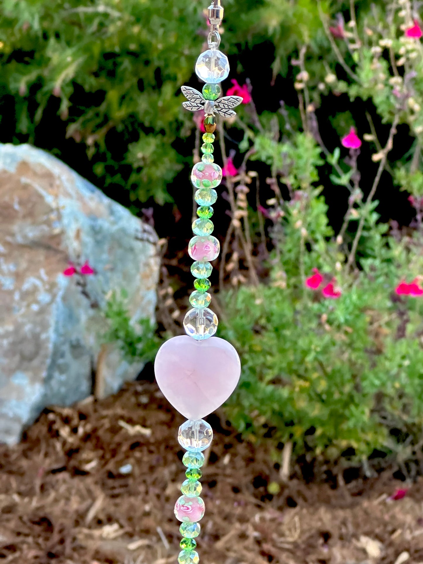 Green Crystal Glass Suncatcher with Natural Stone Rose Quartz Heart