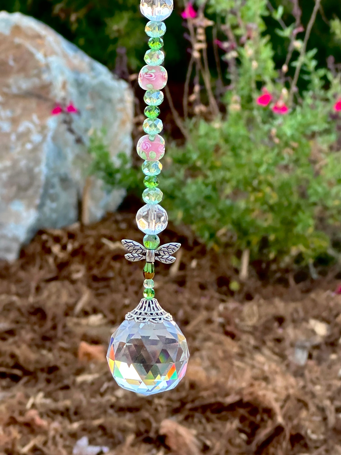 Green Crystal Glass Suncatcher with Natural Stone Rose Quartz Heart