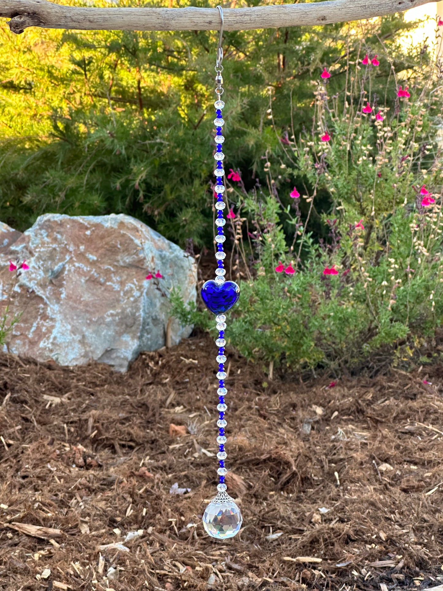 Blue and Clear Crystal Suncatcher with Large Blue Heart