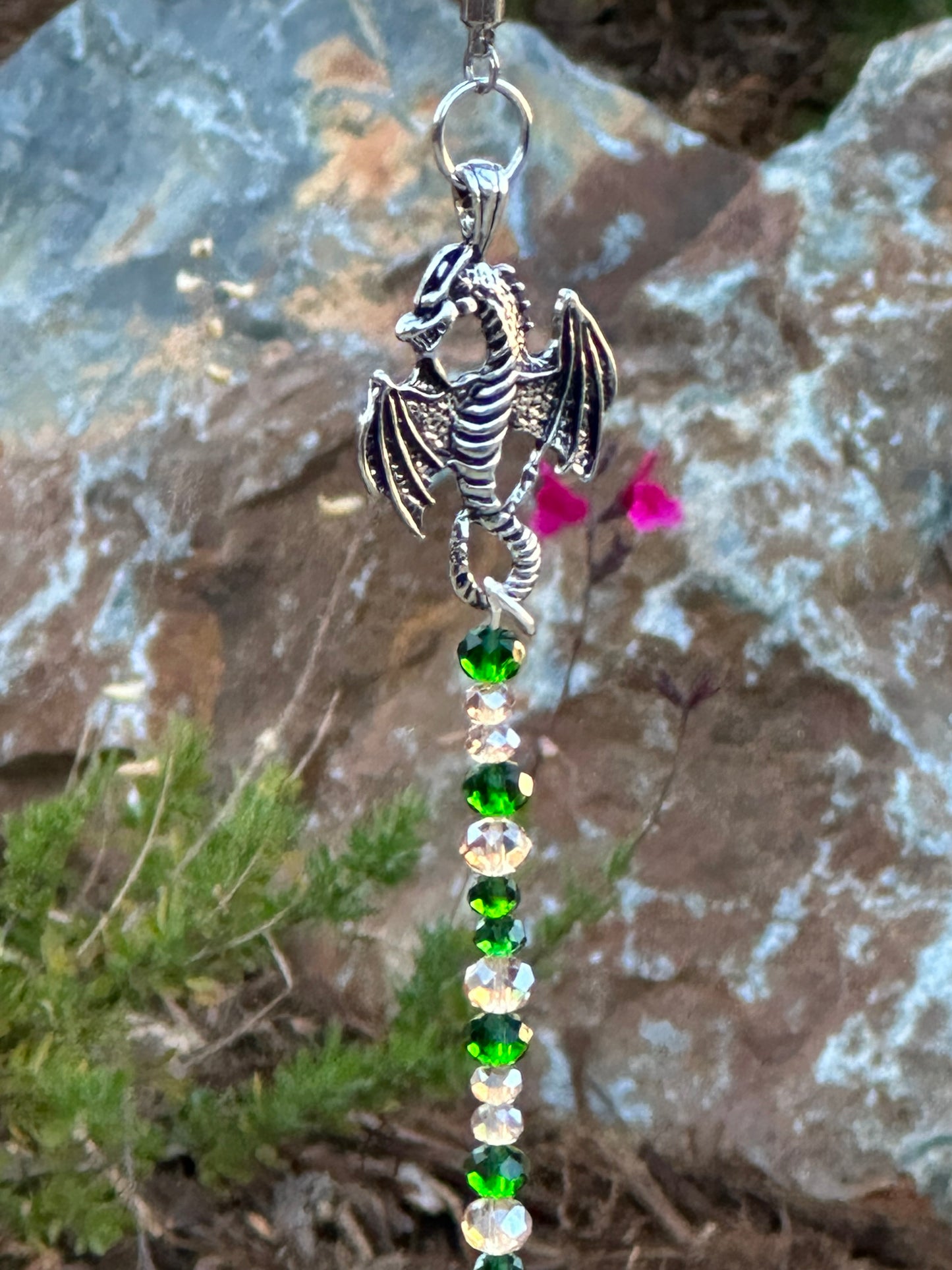 Silver Dragon Suncatcher with Dragon's Blood Natural Stone Beads