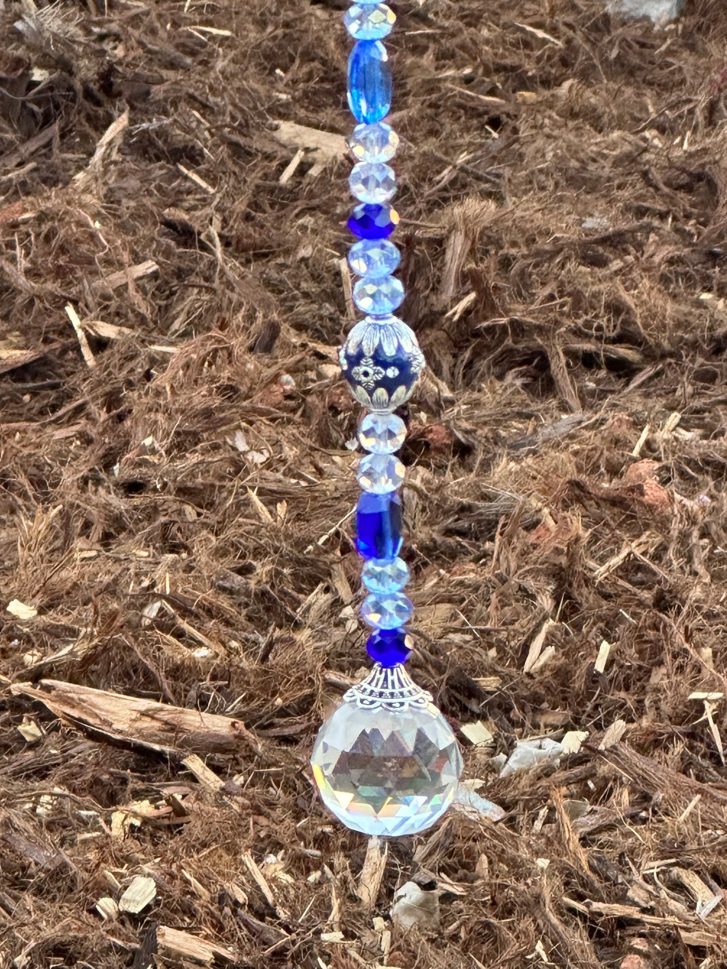 Royal Blue Metal Mix With Light Blue and Gray Glass Crystals Suncatcher