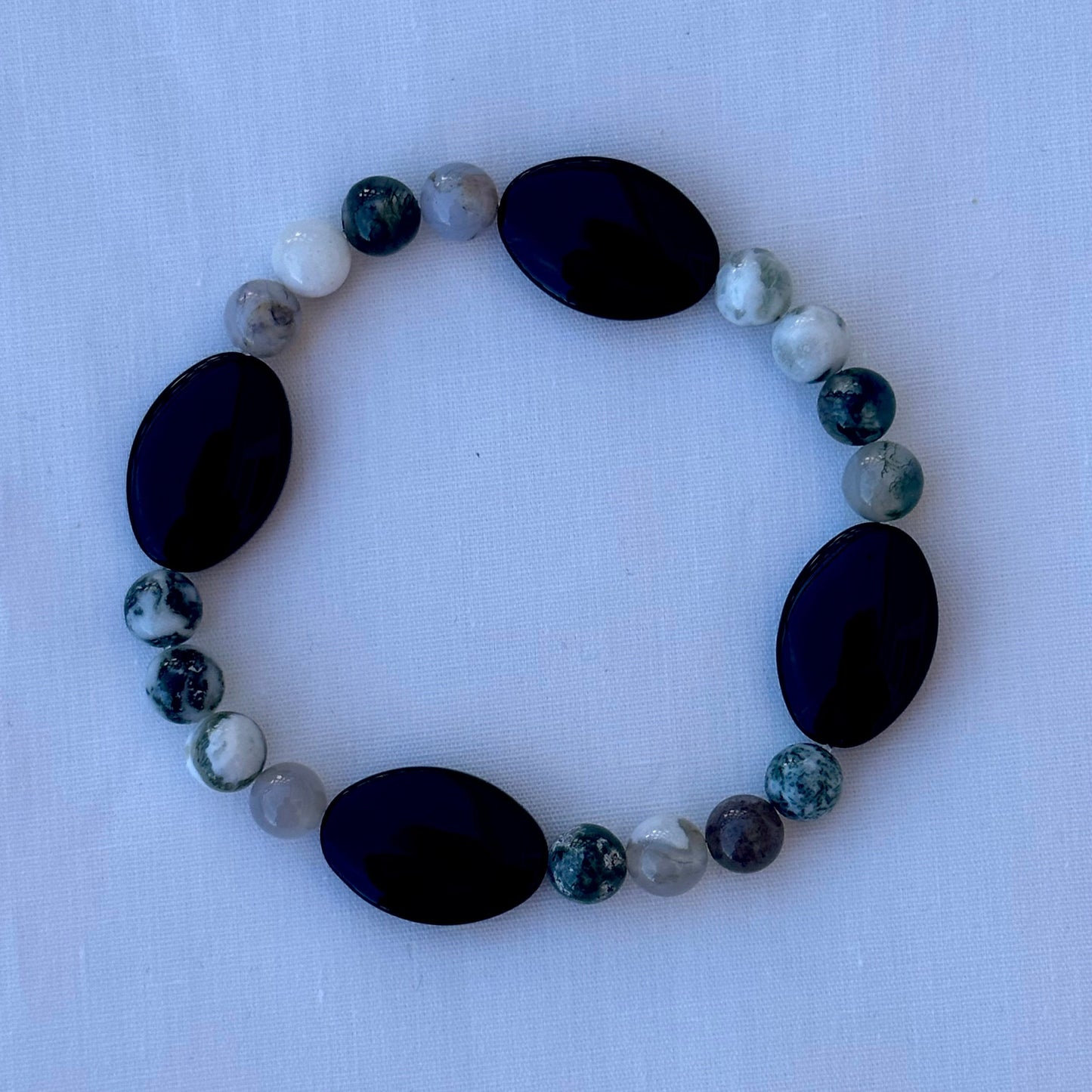 Fancy Jasper and Black Oval Glass Bead Bracelet