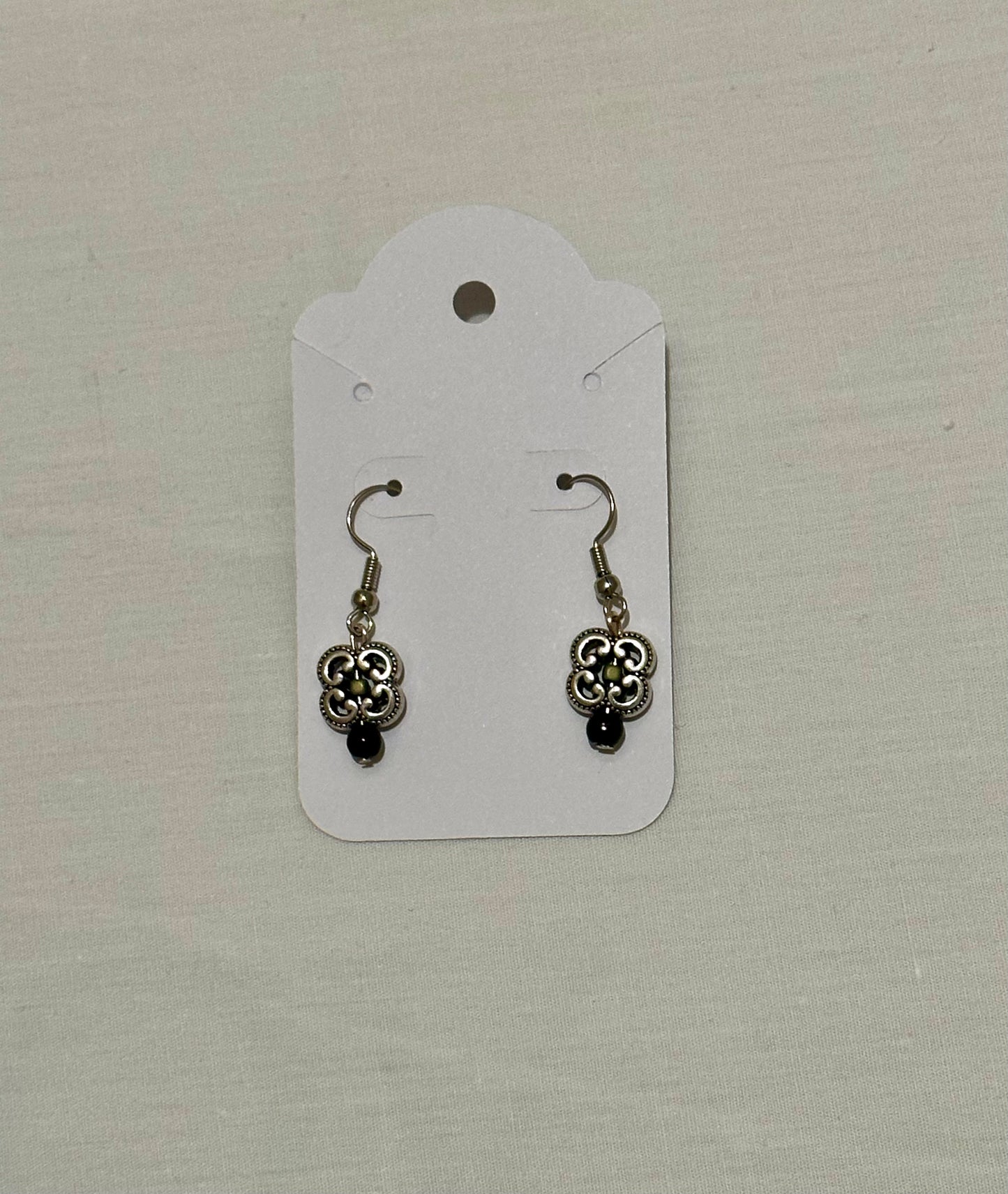 Silver Square Flower Earrings With Black Glass Bead