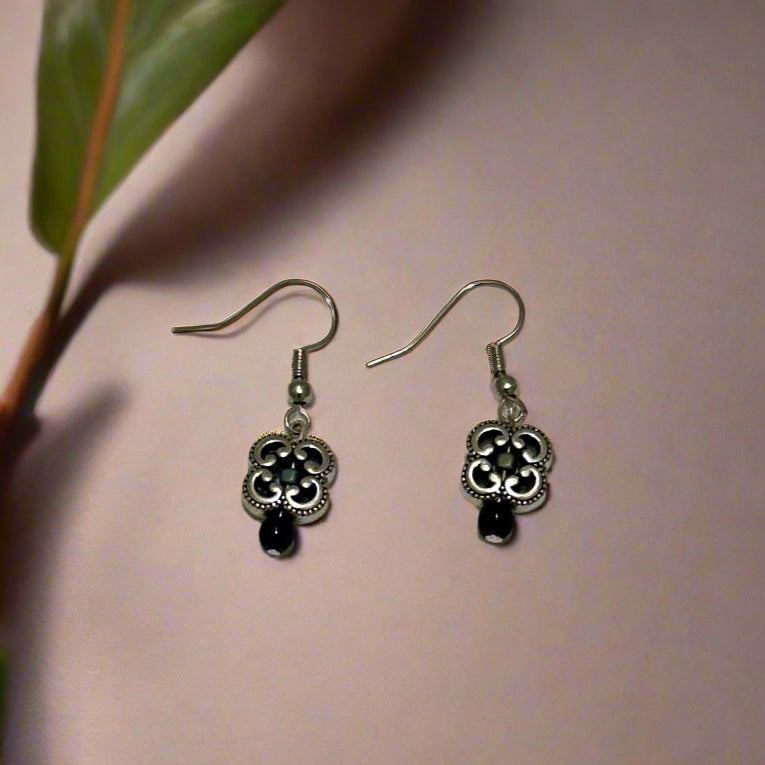 Silver Square Flower Earrings With Black Glass Bead