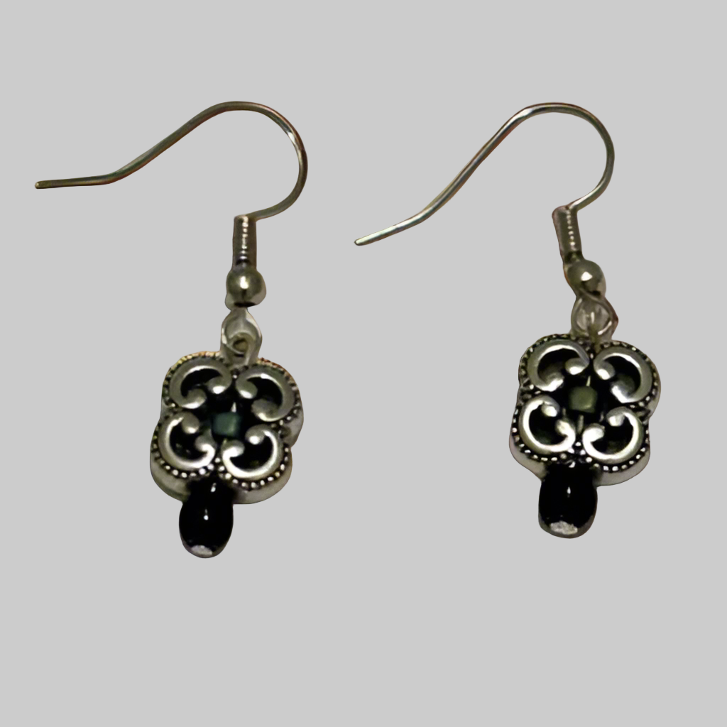 Silver Square Flower Earrings With Black Glass Bead