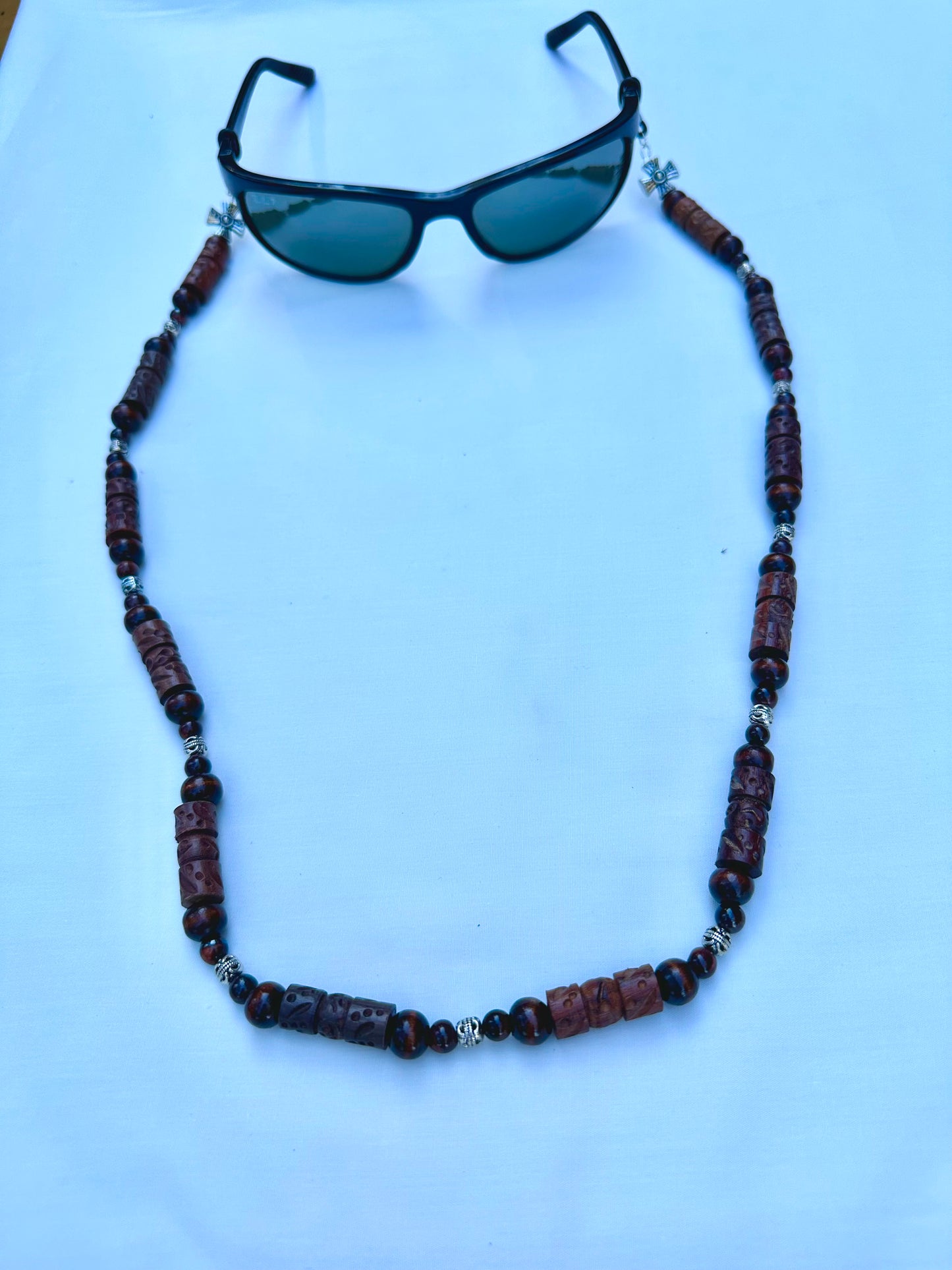 Carved Wood Bead Eyeglass Holder With Silver Accents