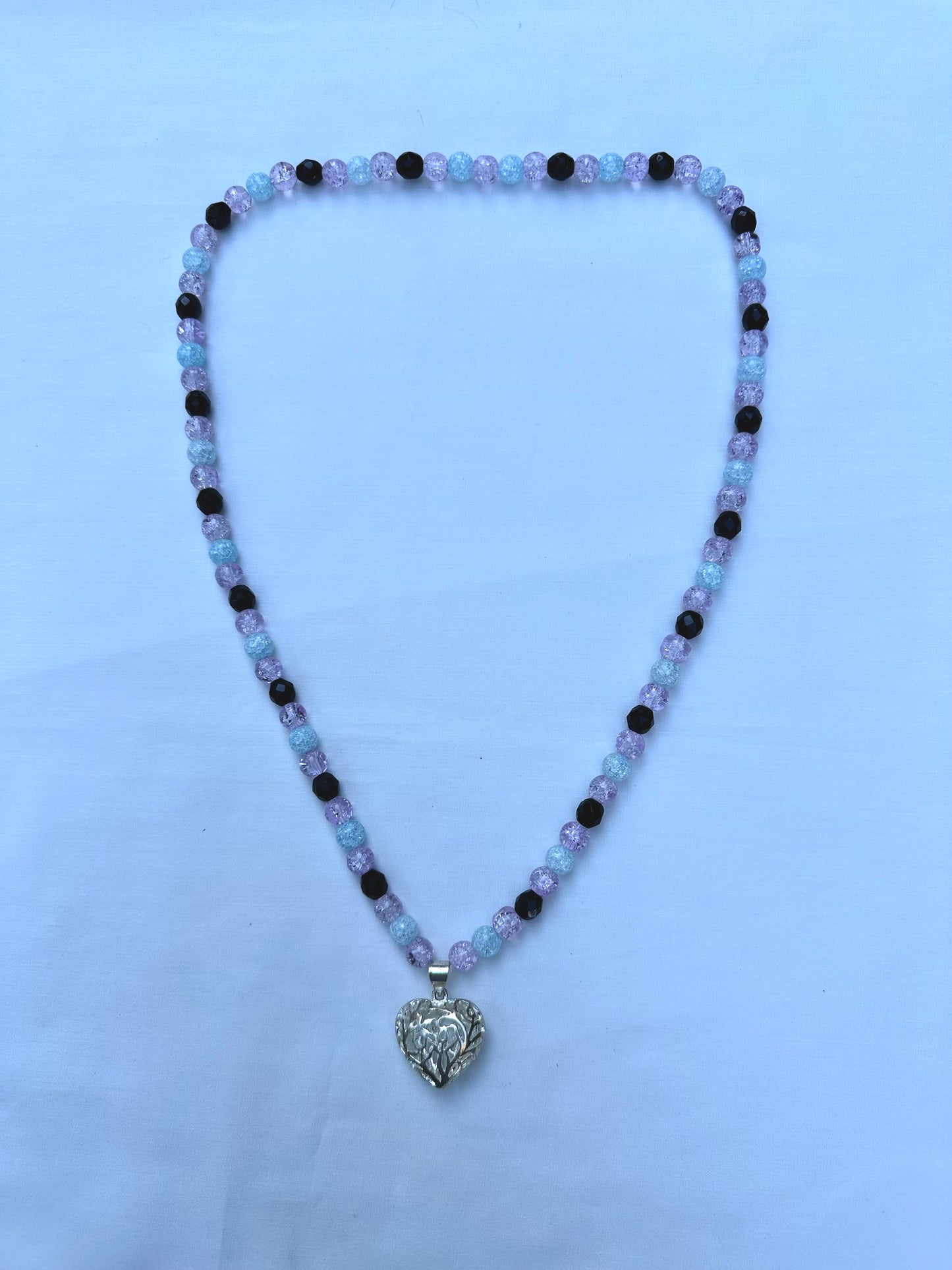 Lavender, Blue and Black Crackle Glass Bead Necklace with Silver Heart Pendant