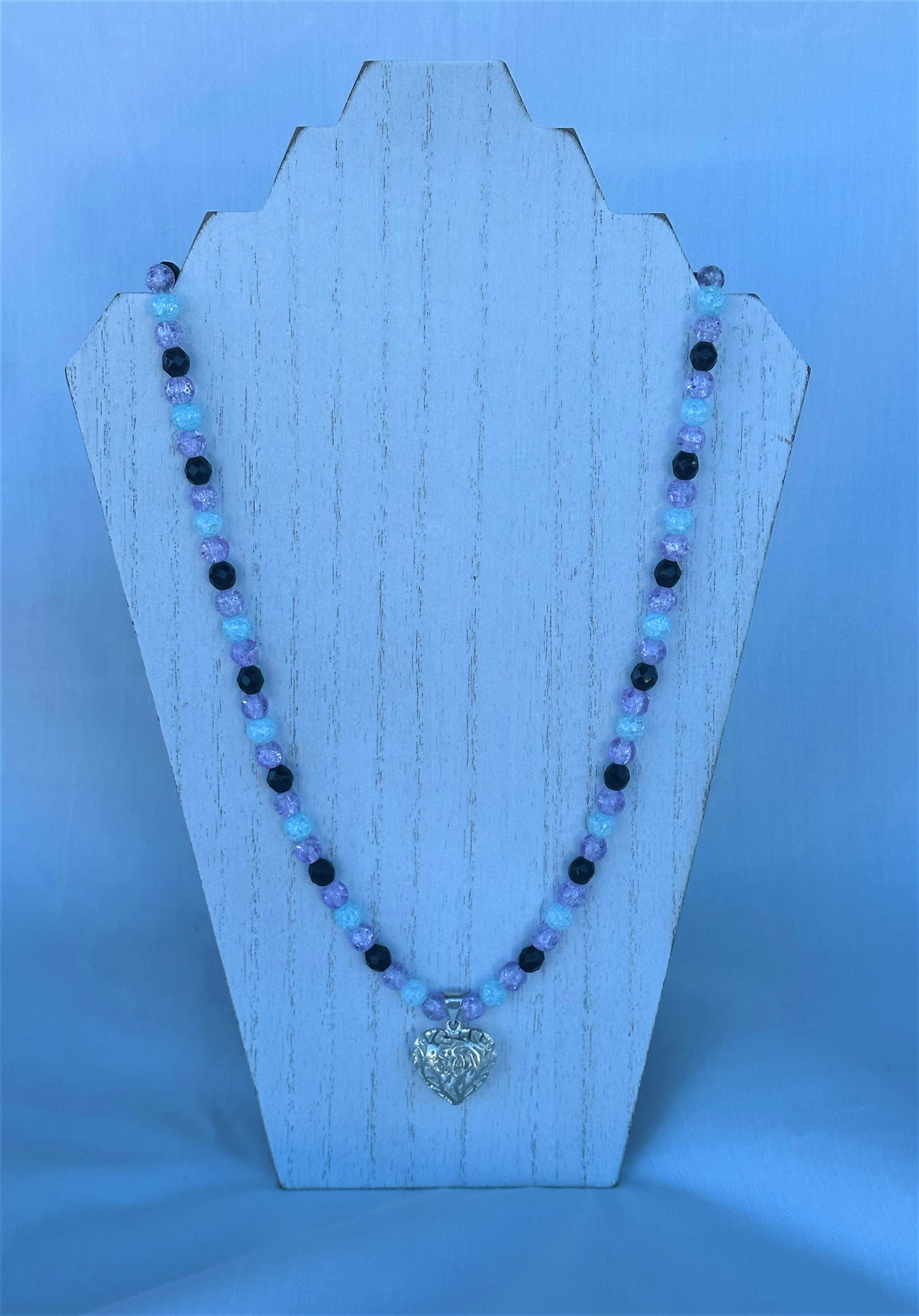 Lavender, Blue and Black Crackle Glass Bead Necklace with Silver Heart Pendant