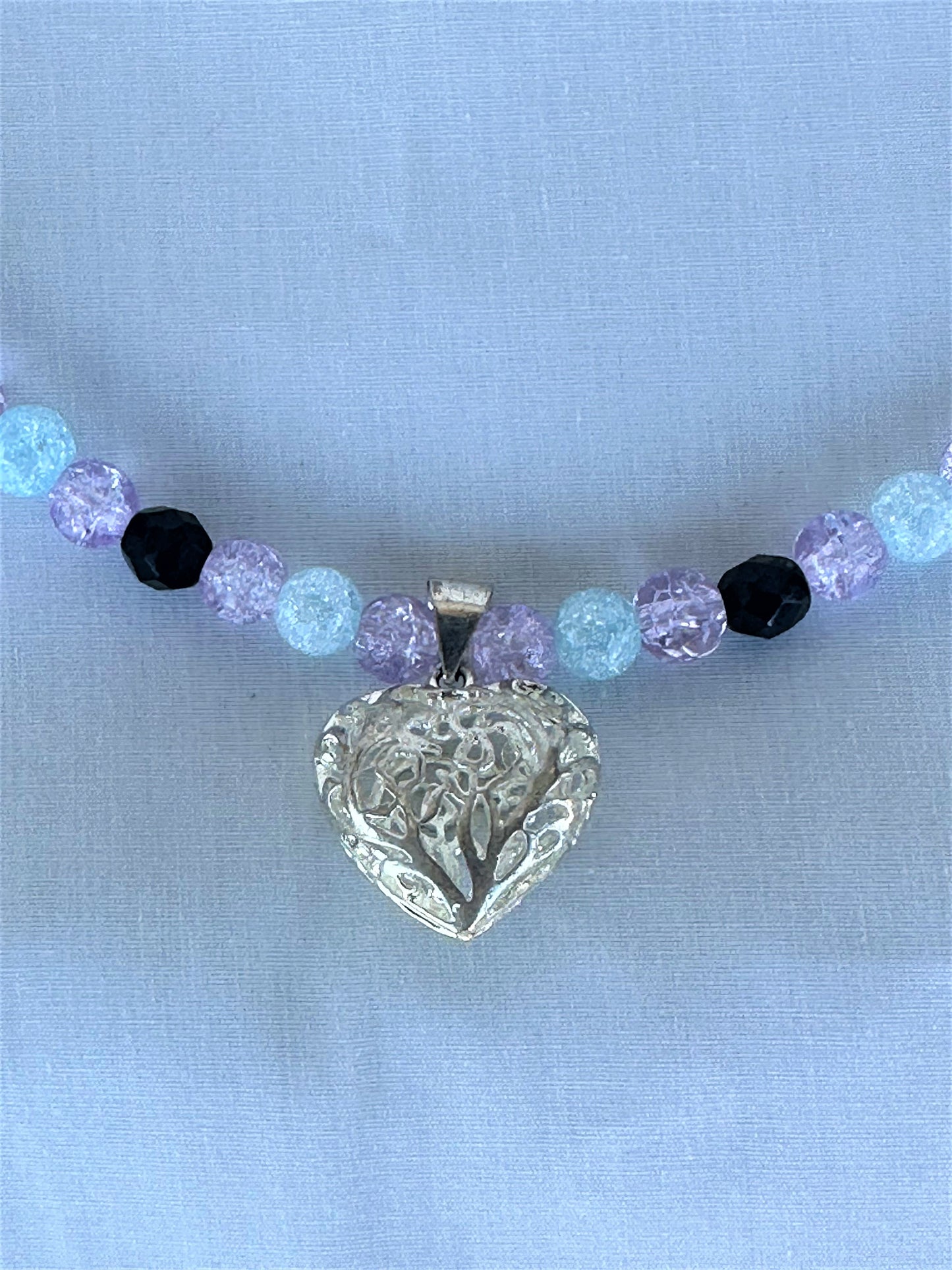 Lavender, Blue and Black Crackle Glass Bead Necklace with Silver Heart Pendant