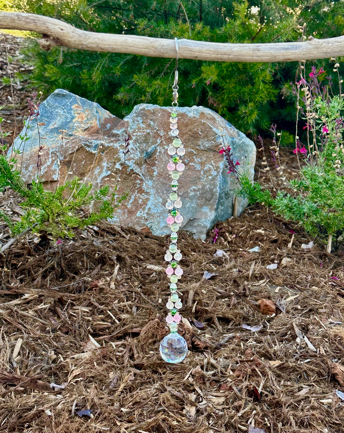 Light Green, Pink and White Glass Beaded Suncatcher