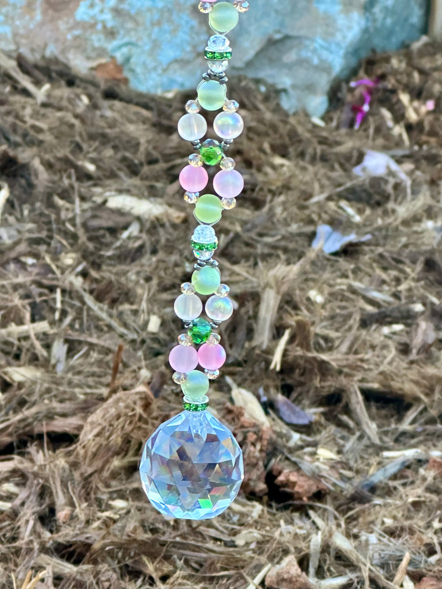 Light Green, Pink and White Glass Beaded Suncatcher